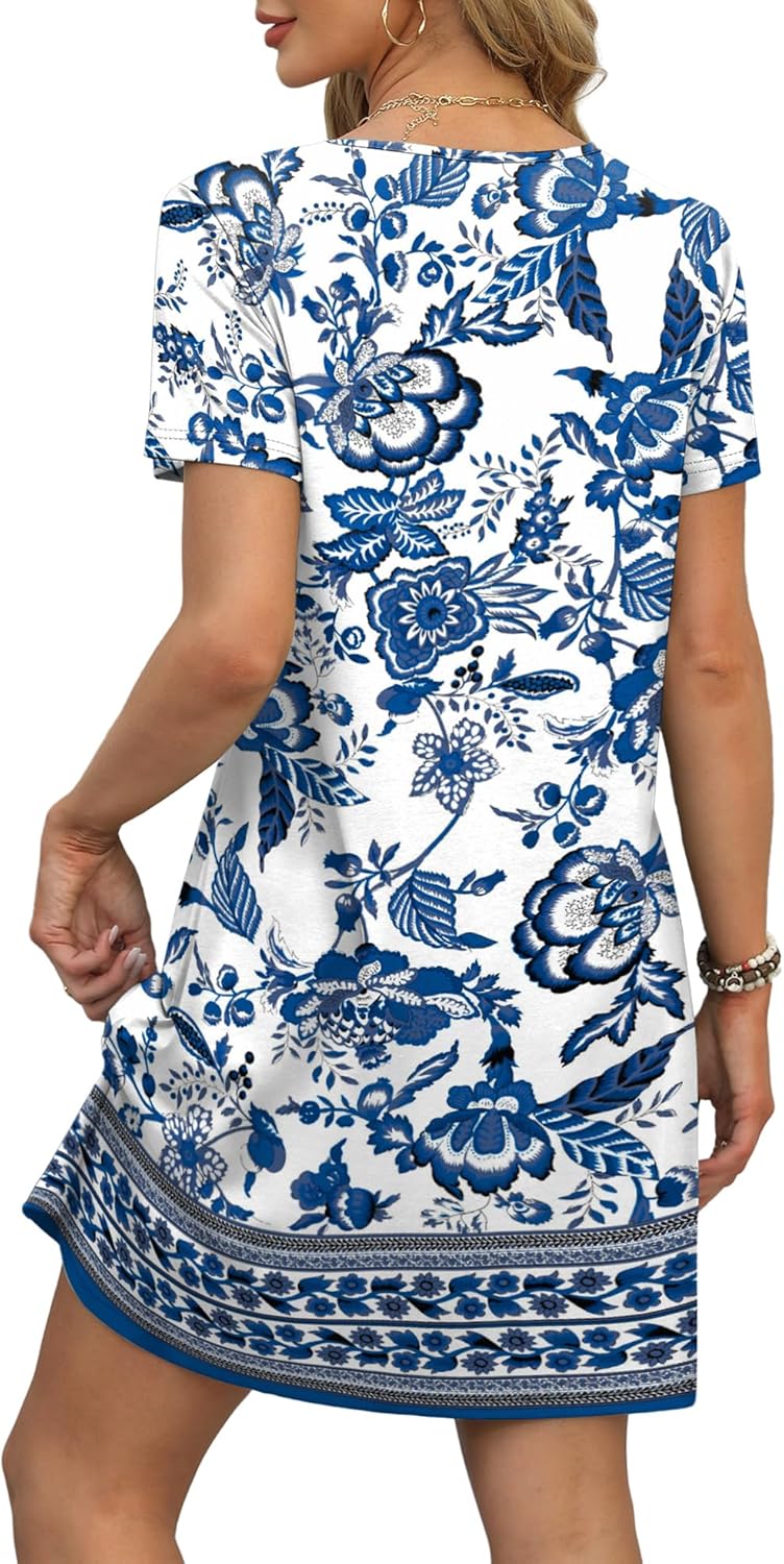 OFEEFAN Summer Dresses for Women 2025 Loose V Neck Short Sleeve Casual T Shirt Dress Sundresses Swimsuit Coverup with Pockets - Image 4