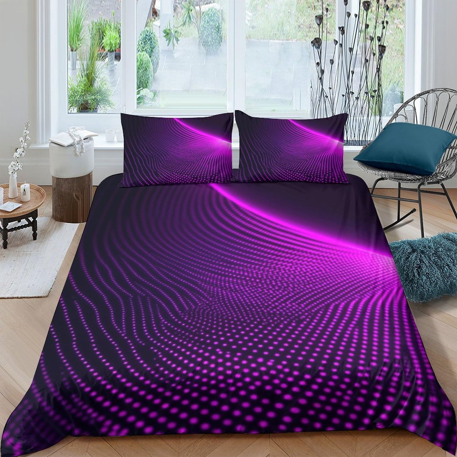 GPLZQXKJNH 3D Printed Purple Wave Duvet Cover Microfiber Soft Breathable Futuristic Grid Bedding Set with 2 Pillowcases for Bedroom Decor Single（135x200cm）
