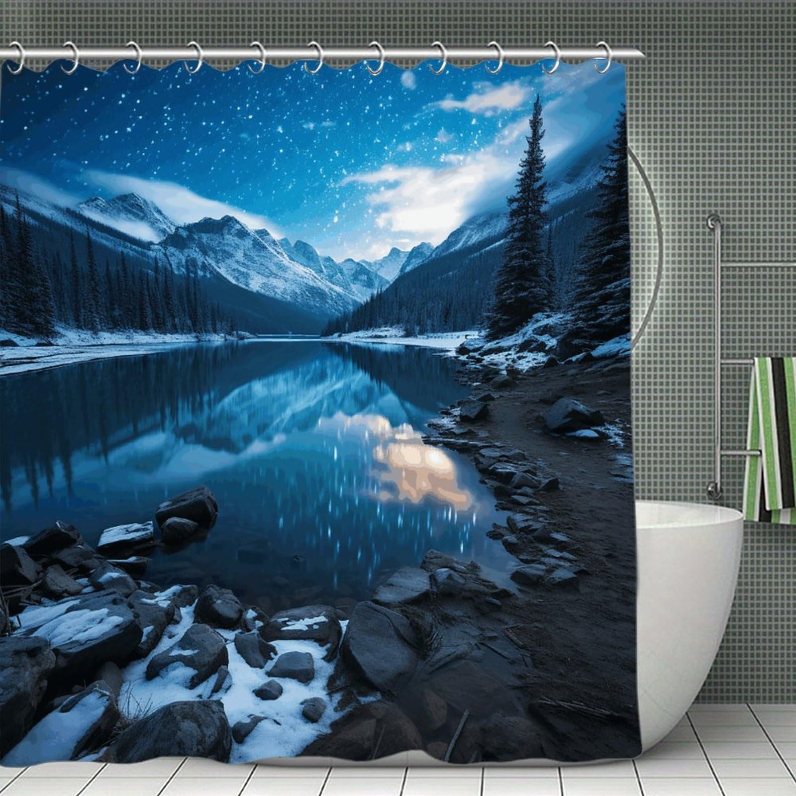 FekiLoot Moraine Lake in A Starry Winter Night Shower Curtain Minimalist Aesthetic Bath Curtain with Hooks Simple Water Resistant Bathroom Shower Curtains Cute Blackout Privacy Curtains Cloth Curtain