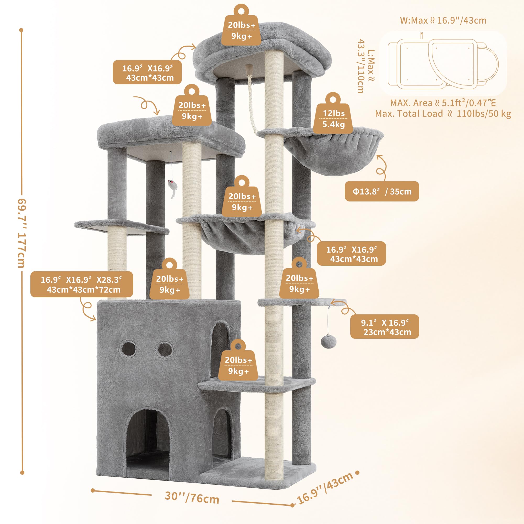 Heybly Árbol para Gatos 177 cm con 2 Plataformas Cesta Hamaca Cueva | 2 plataformas superiores,cueva doble,pelota y ratón de juguete,felpa suave,postes de sisal,para interior, Gris Claro HCT065W