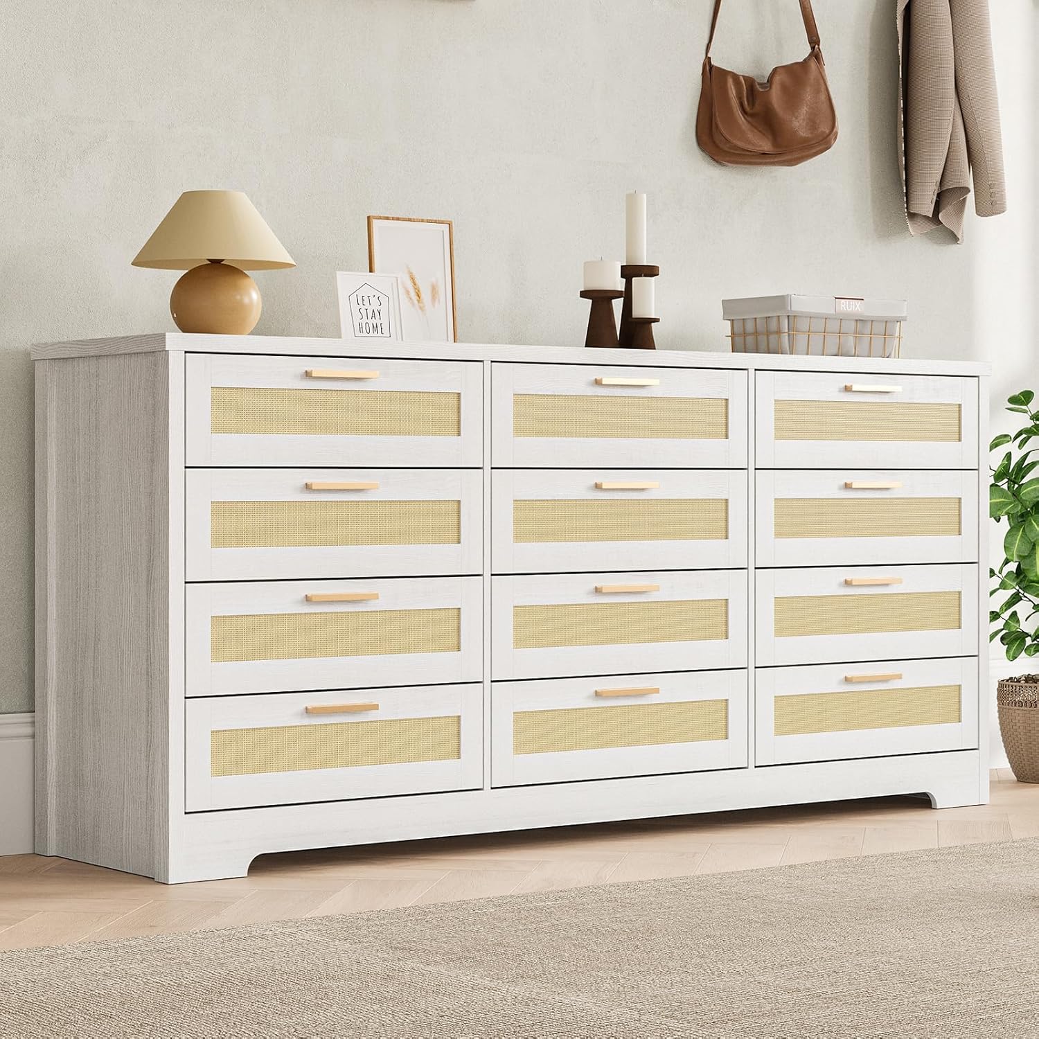 GarveeHome 12 Drawer Dresser for Bedroom, Modern Farmhouse Rattan Chest of Drawers, Wood Dresser for Closet, Living Room, Entryway, and Hallway, Natural