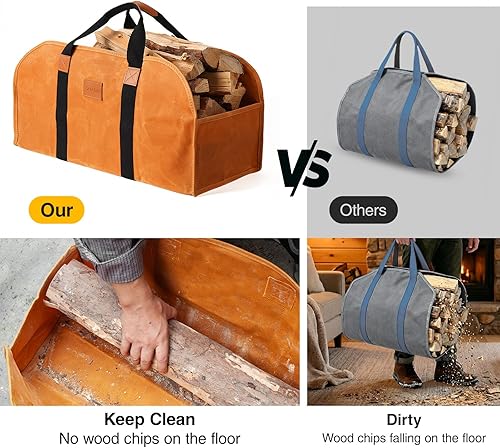 Miniatura 3 de Portatroncos para leña, lona encerada, duradera, para chimenea, bolsa de mano, Marrón, Moderno