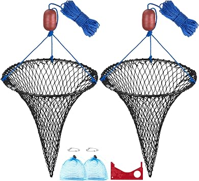 QualyQualy Foldable Crab Trap 2-Pack, Small Crab Net with Buoy & Bait Clip for Blue Crabs, Crawfish Traps | Compact Crabbing Equipment for Kids Family Use for Pier, Dock, Lakes