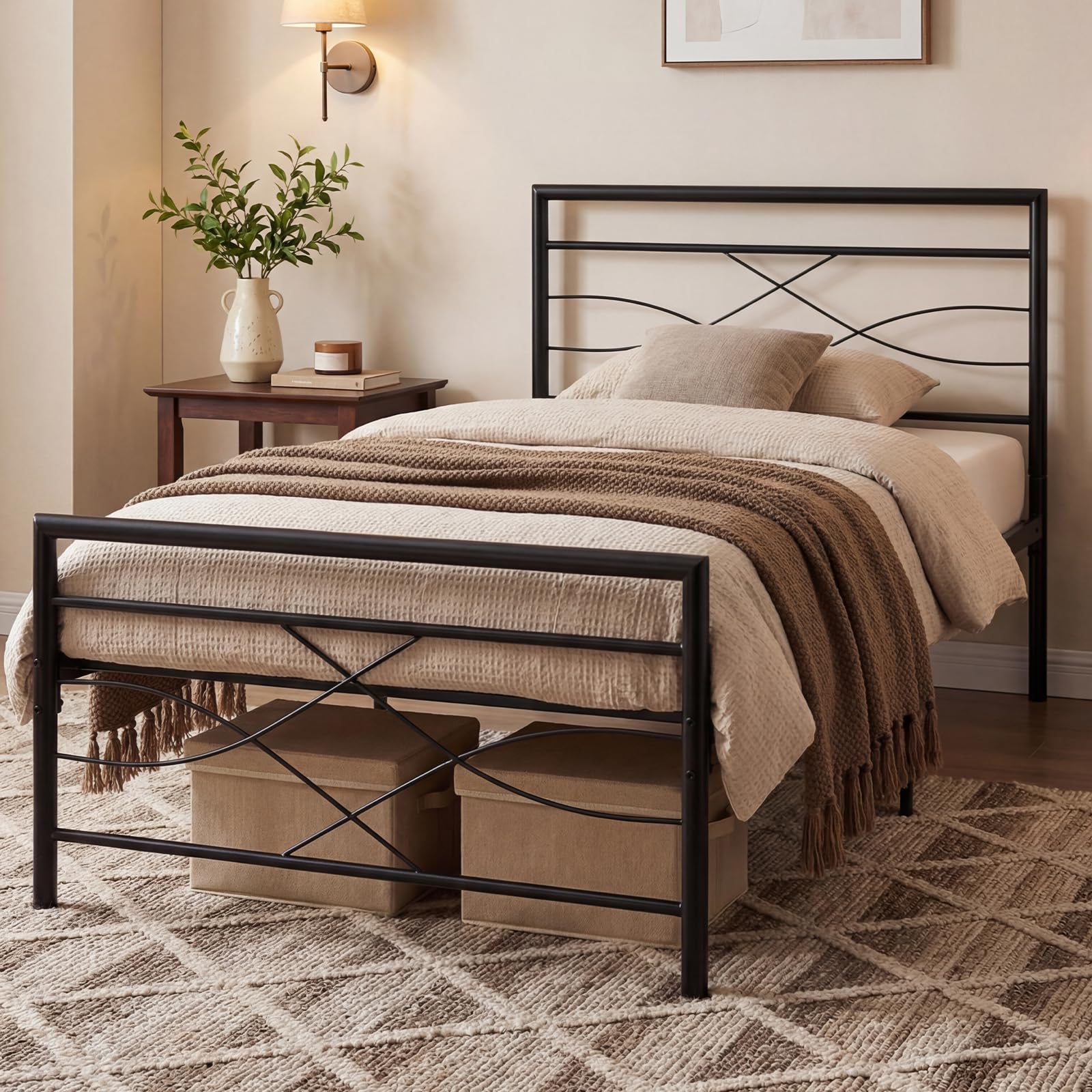 Panana Single 3FT Metal Bed Frame with Headboard and Footboard, 28cm Large Underbed Storage Space (Black, 3FT)