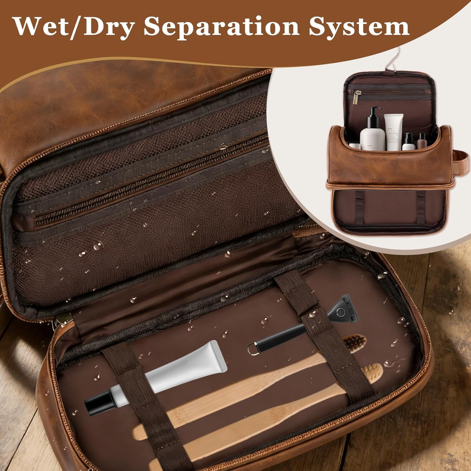 Personalized Toiletry Bag Fathers Day Birthday Gifts for Men Dad Husband, Custom Initial Waterproof PU Leather Toiletry Organizer Dopp Kit Shaving Bag Travel Essential for Him Light Brown J