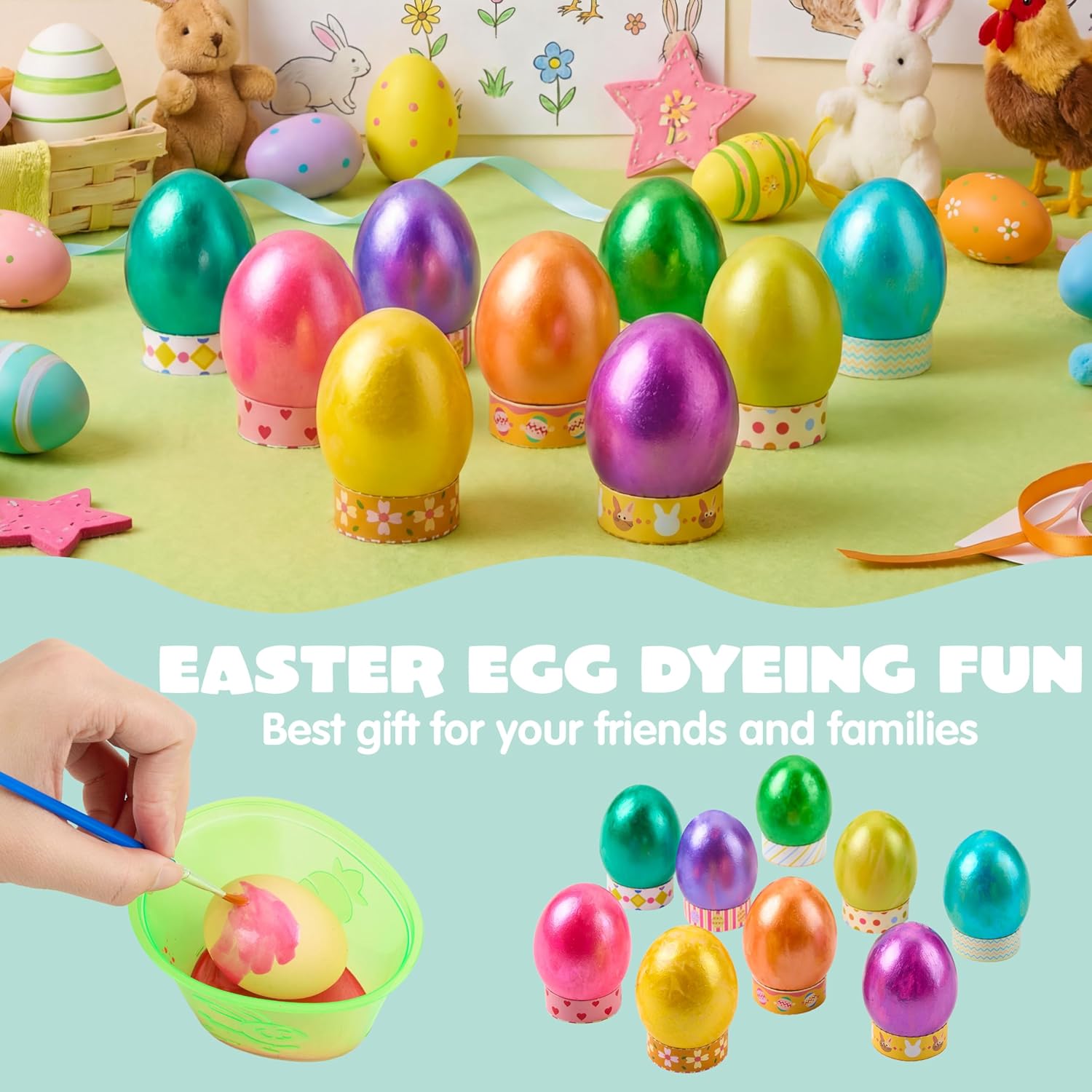 JOYIN 34 PCS Easter Shiny Egg Dye Decoration DIY Kit Multicolor Liquid Dyes with Brushes, DIY Egg Coloring Set for Kids Easter Activities, Theme Party, Hunt Fun.