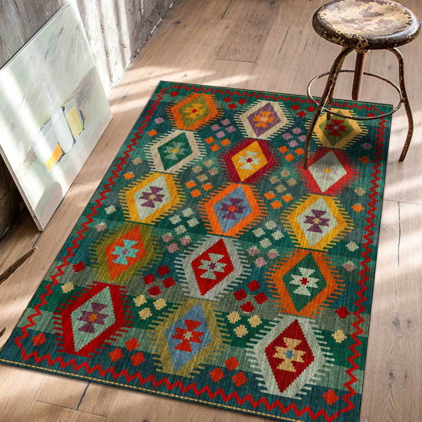 Tapis Moderne Grand Antidérapant Style Ethnique mosaïque géométrique Rouge et Vert Intérieur Et Extérieur Décoration de la Maison Grande Taille Rug Coussin 200 x 300 cm