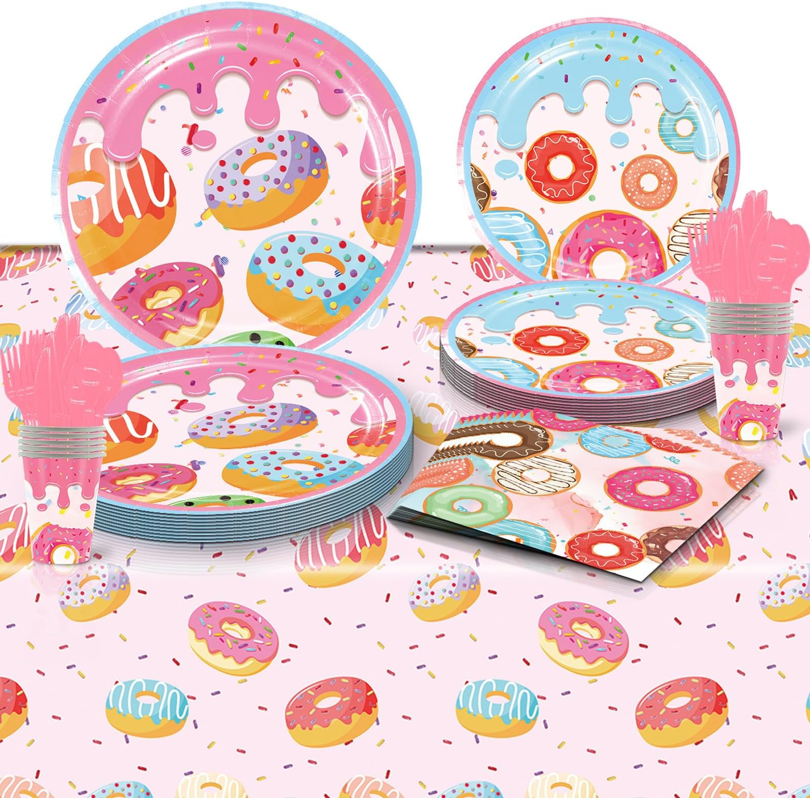 SOOFAM Donut Party Supplies,Birthday Party Disposable Plates,Sweet One Party Decorations,Pink Disposable Tableware Set with Tablecloth,Plates,Napkins,Cups,Cutlery,Party Decorations (81PCS)