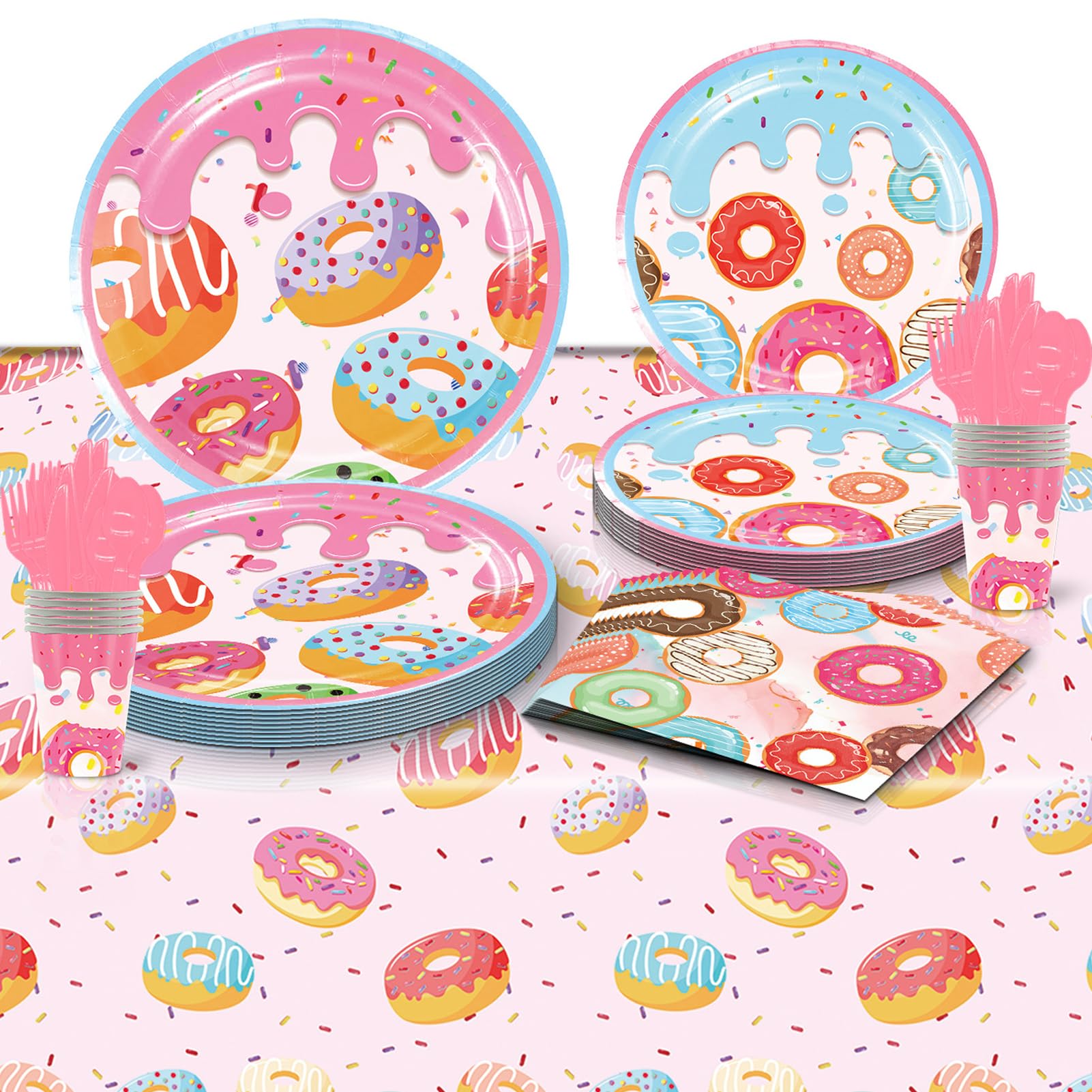 SOOFAM Donut Party Supplies，Birthday Party Disposable Plates，Sweet One Party Decorations，Pink Disposable Tableware Set with Tablecloth，Plates，Napkins，Cups，Cutlery，Party Decorations (81PCS)