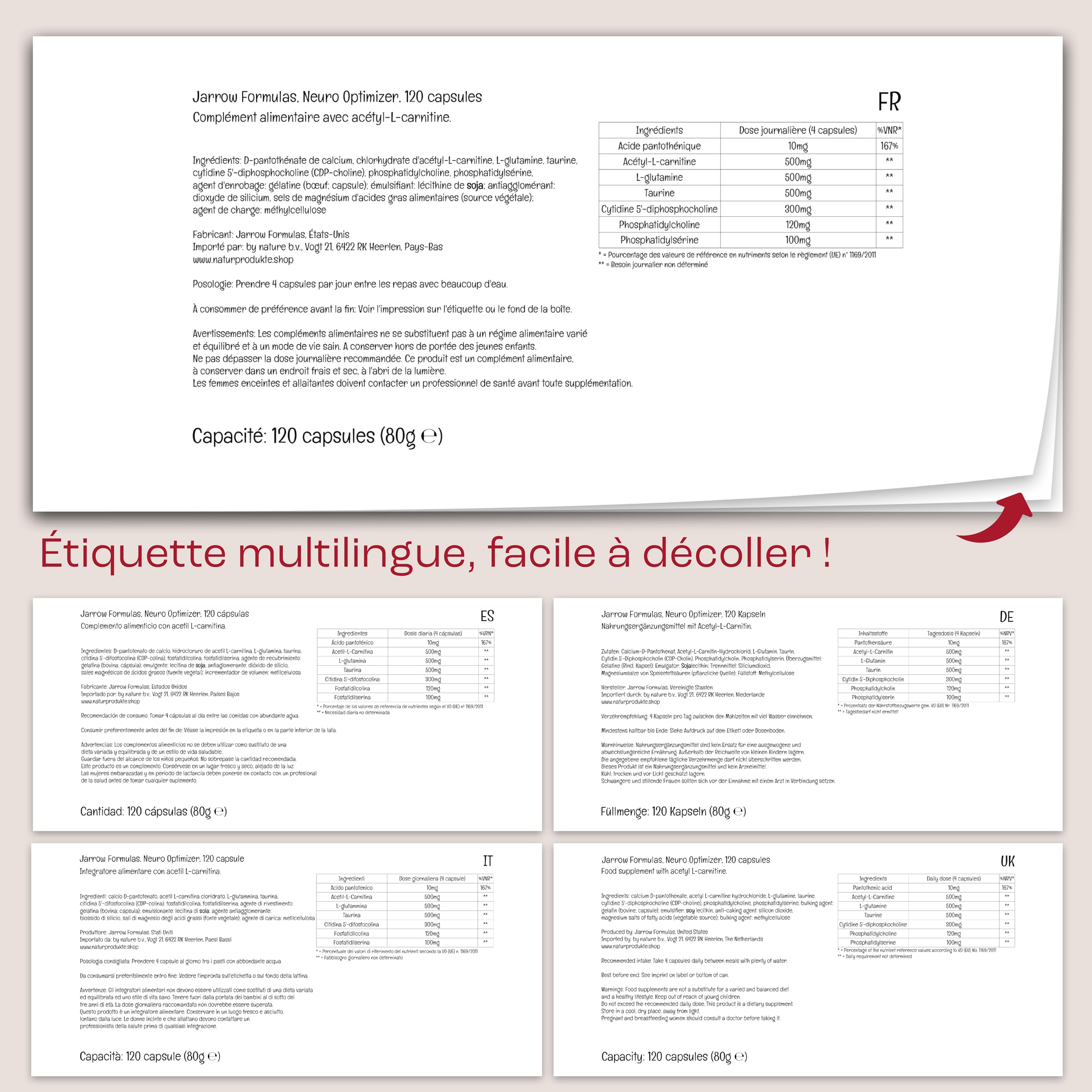 Jarrow Formulas, Neuro Optimizer, avec Phosphatidylsérine et Phosphatidylcholine, 120 Capsules, Testé en Laboratoire, Sans Gluten, Sans OGM