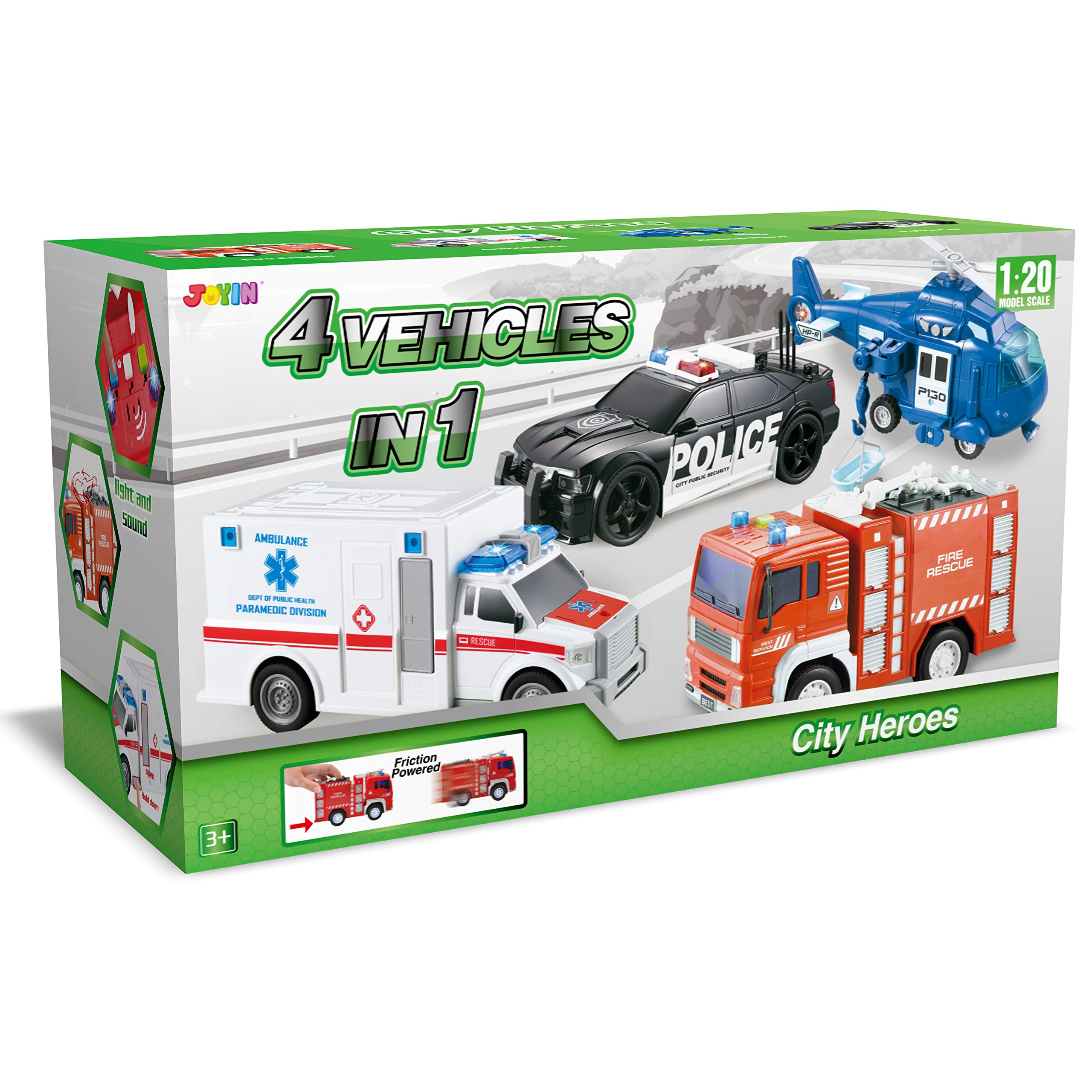 JOYIN 4 Packs Emergency Vehicle Toy Playsets, Friction Powered Vehicles