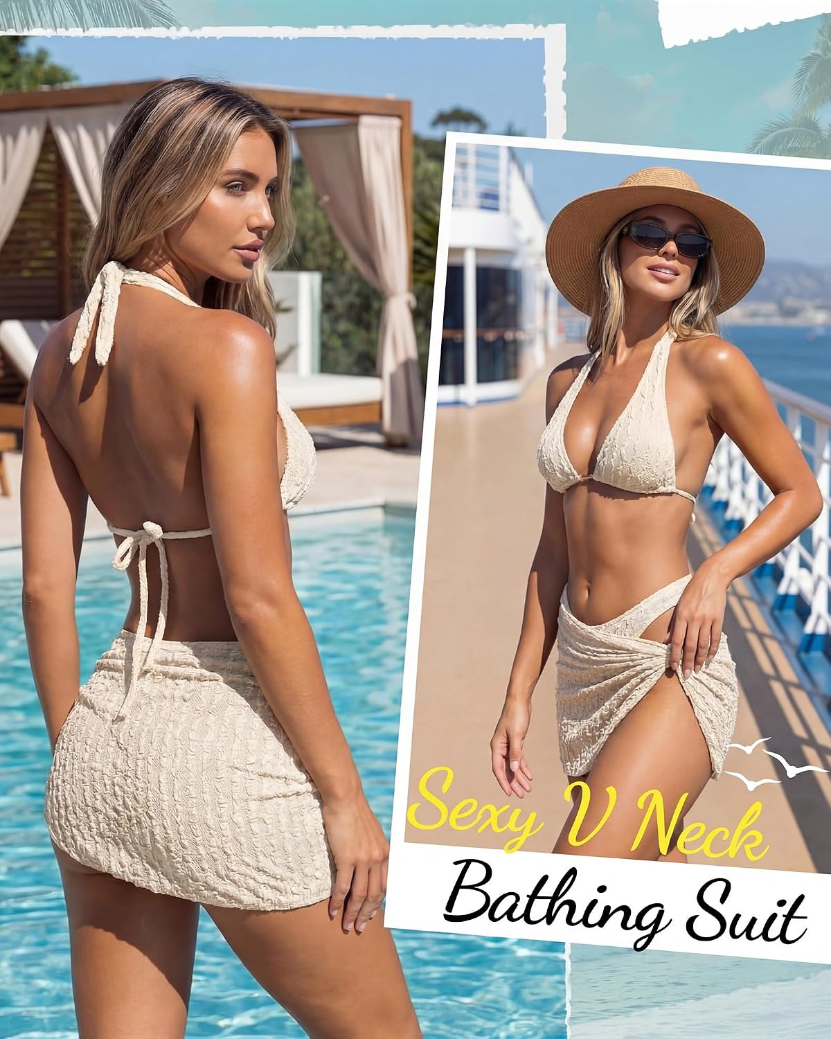 Women 3 Piece Bikini Set Textured Halter Back Tie Swimsuit Sexy V Neck Bathing Suit Twist Sarong Low Rise Beach Pool