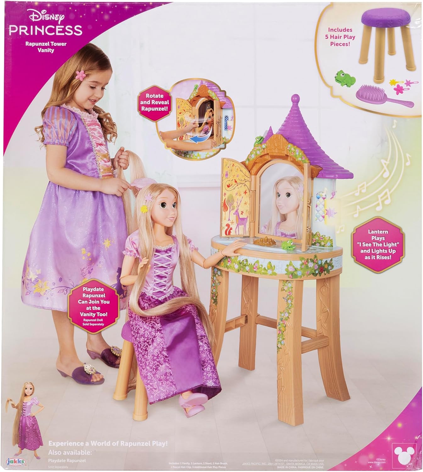 Disney Tangled Rapunzel Tower Vanity Playset— Light‑Up Musical “I See The Light” Mirror, Pop‑Up Lantern, Hair Brush & Clips, Stool (70lb) | Princess Dress‑Up Table for Kids 3+