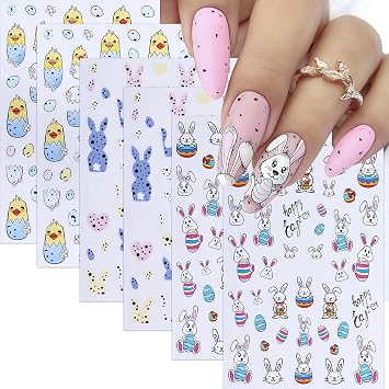 6 Sheets Cute Bunny Nail Stickers Easter Nail Art Sticker Decals 3D Self-Adhesive Cute Rabbits Chick Egg Cute Bunny Cartoon Nail Designs Nail Supplies Decoration for Women Girls DIY Nail Accessories