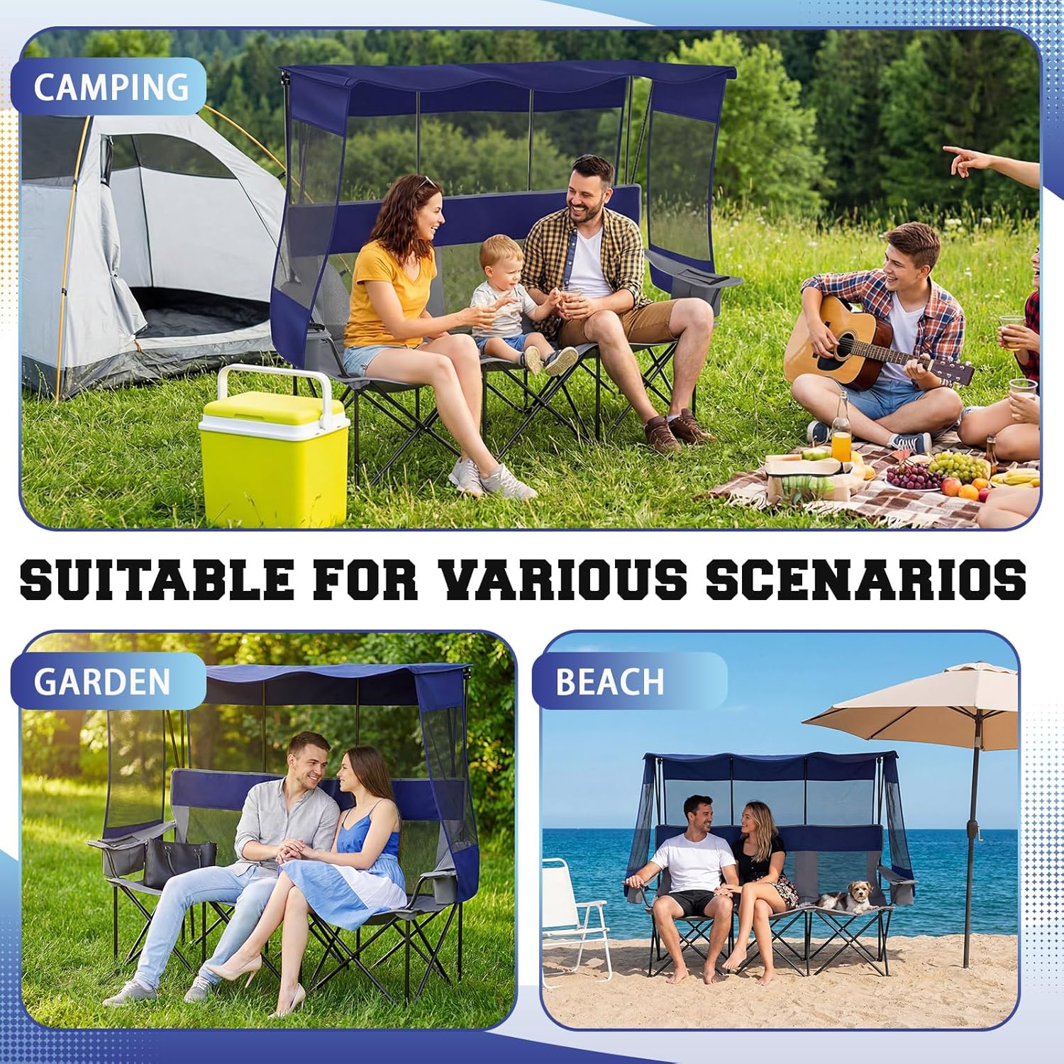 Teenyyou 3 Person Camping Chair with Canopy Shade Oversized Folding Beach Couch Style Camping Sofa Portable Outdoor Lawn Seat Tailgate Chair with Umbrella for Beach Sport Sideline Backyard Festival