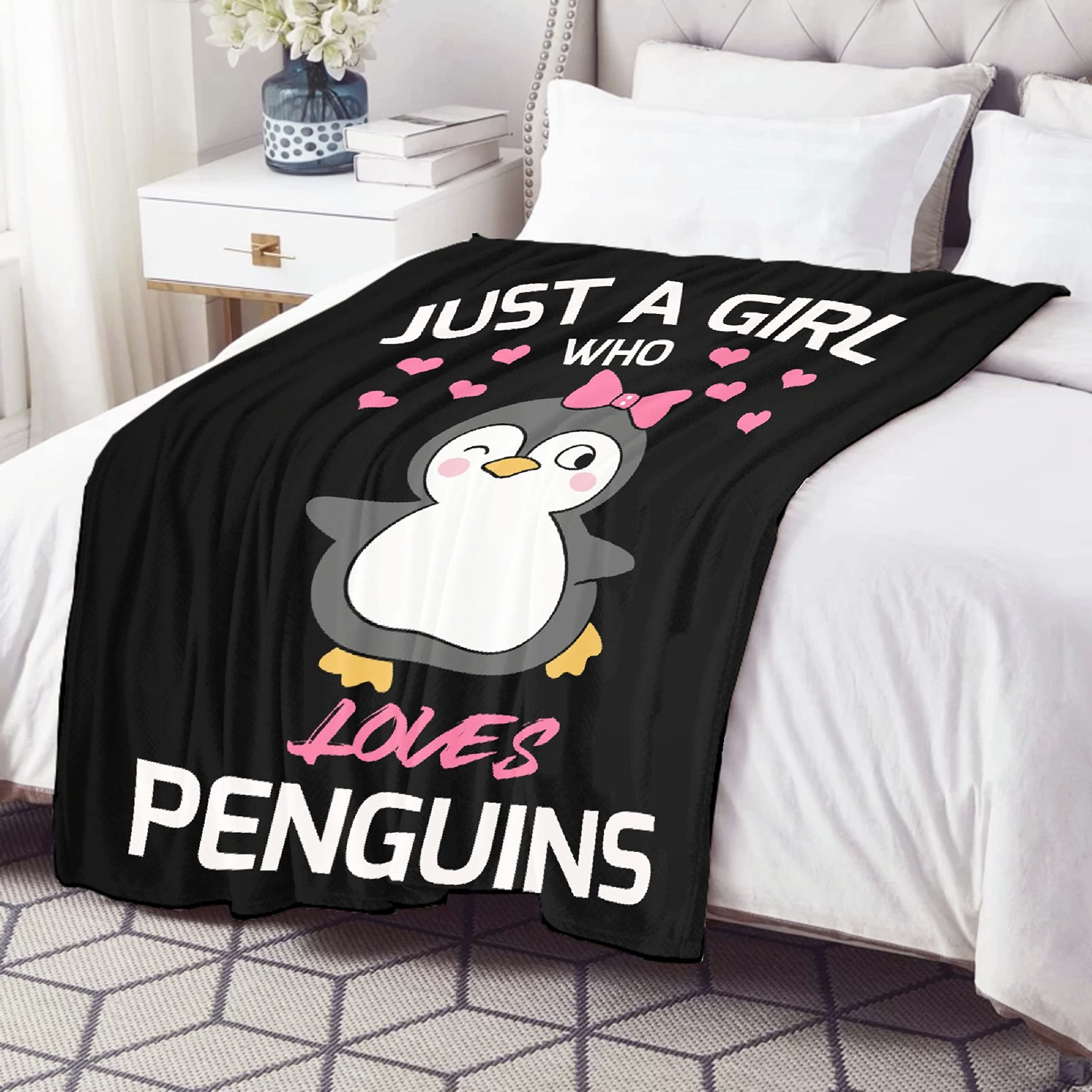 Pingwin narzuta koc 'Just Girl Loves Penguins' puszysty pluszowy koc urocze pingwiny lekki koc flanelowy z mikrofibry dla kobiet dzieci sofa kanapa łóżko dekoracja 127 cm x 102 cm mały dla dzieci
