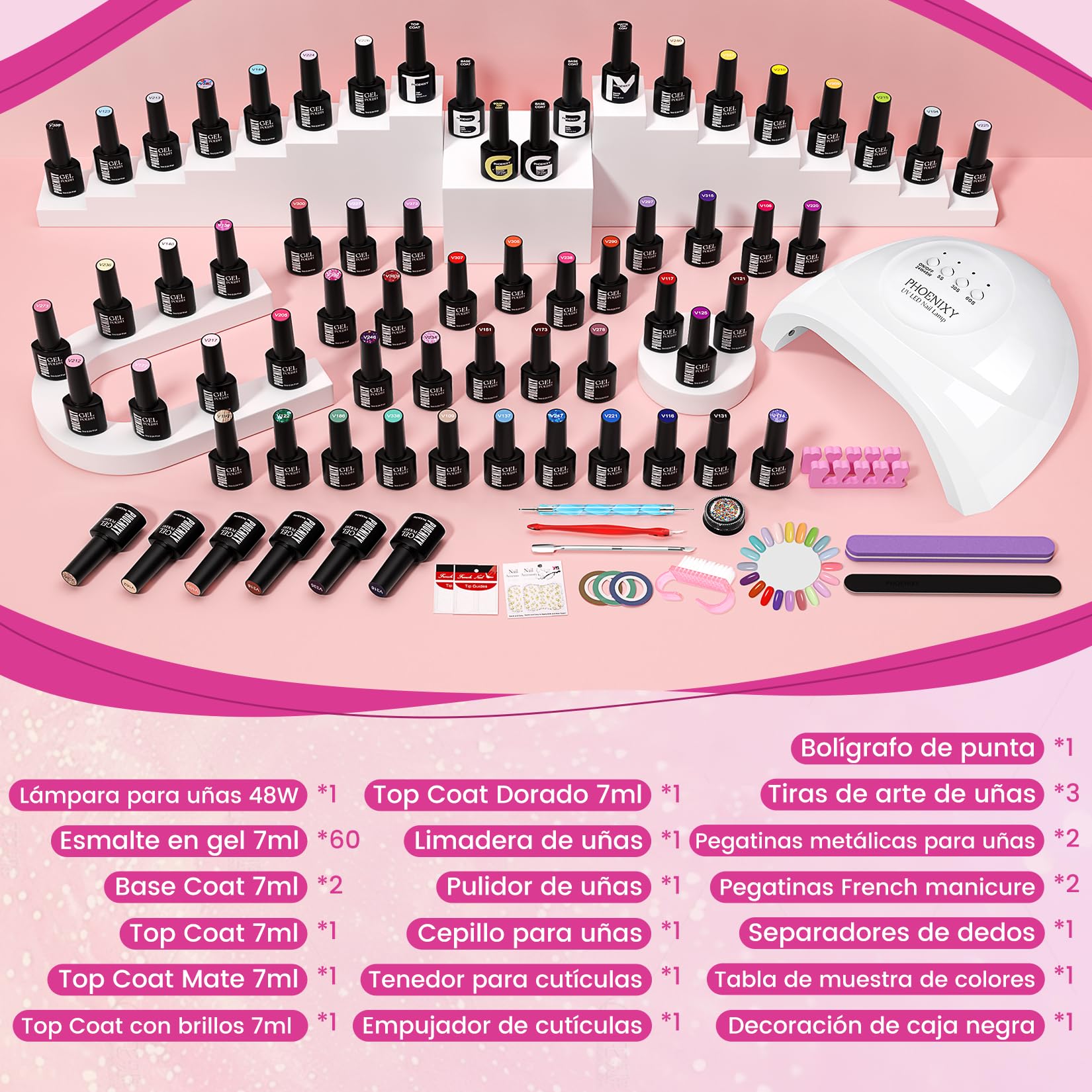 Phoenixy 60 Colores Kit Uñas Semipermanentes, Esmaltes Semipermanentes para Uñas con Lampara Uñas Semipermanentes 48W, Kit Uñas con Base y Top con Brillo, Brillo Dorado, Mate, Brilliant