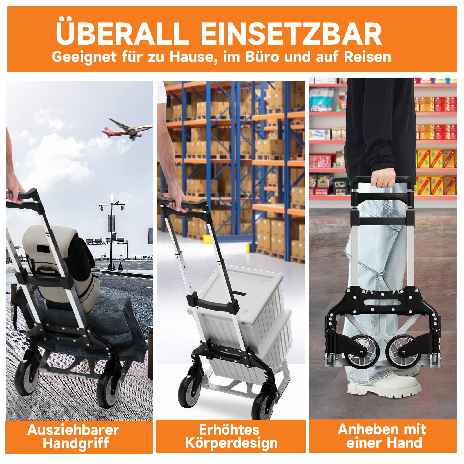 Homelux Sackkarre Klappbar bis 75 kg belastbar | Aluminium Transportkarre Klappbar, Mit 2 Expanderseil & Höhenverstellbarer Griff