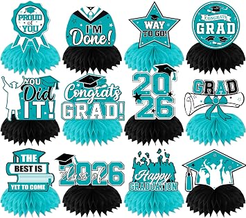Teal Graduation Decorations Class Of 2026 Honeycomb Centerpieces, 12Pcs Class of 2026 Graduation Centerpieces for Tables Teal Congrats Grad Graduation Table Decorations, Teal Graduations Table Toppers