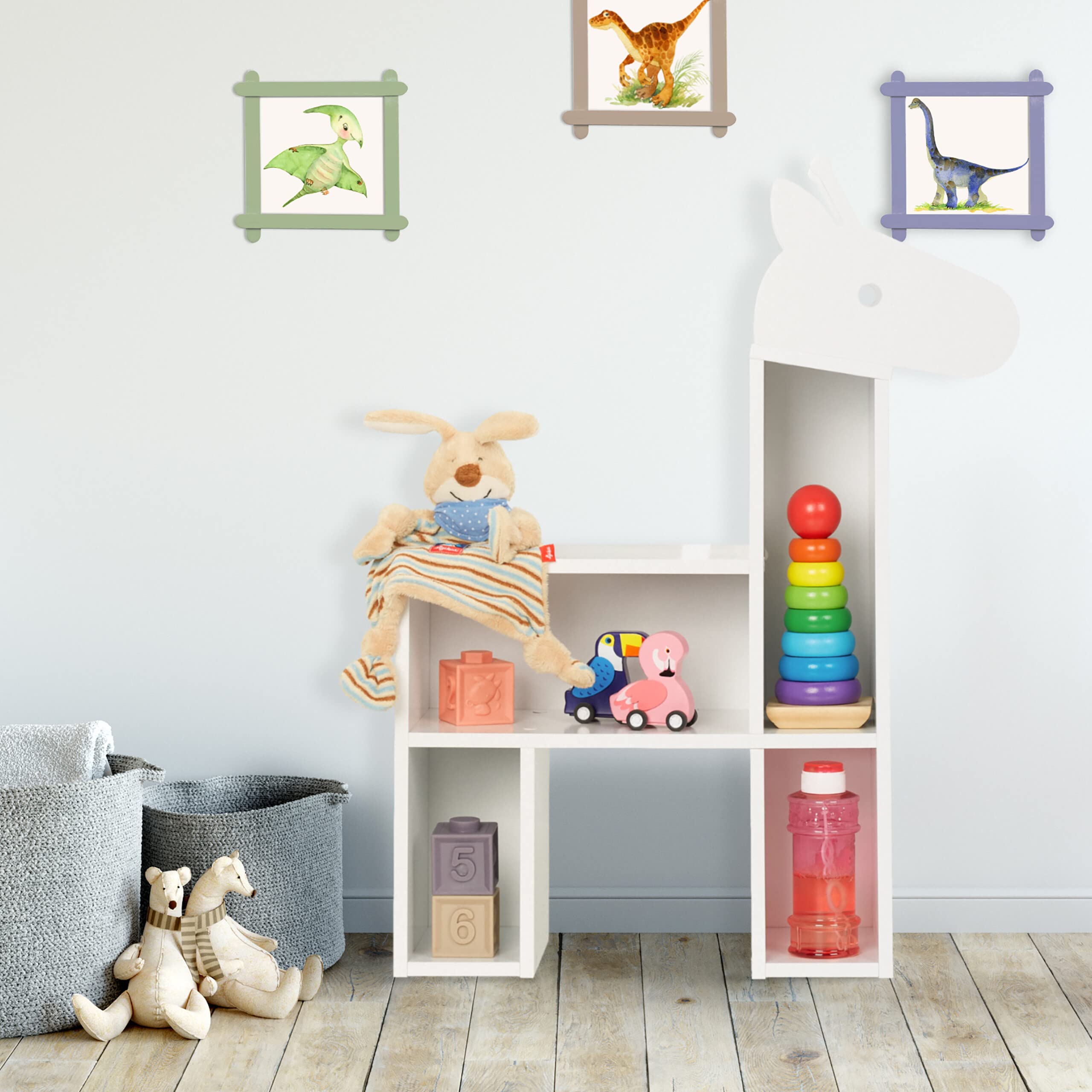 Relaxdays Estantería Infantil Forma Jirafa, 4 Baldas, 69,5 x 52,5 x 20 cm, Librería y Organizador Juguetes, Blanco