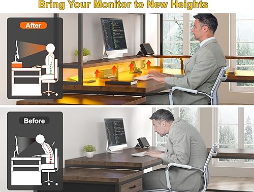 Miniatura 4 de EnHomee Escritorio en Forma de L de 64 x 60 Pulgadas con Estante Superior y Cajones, Escritorio para Juegos con Toma de Corriente, Escritorio de