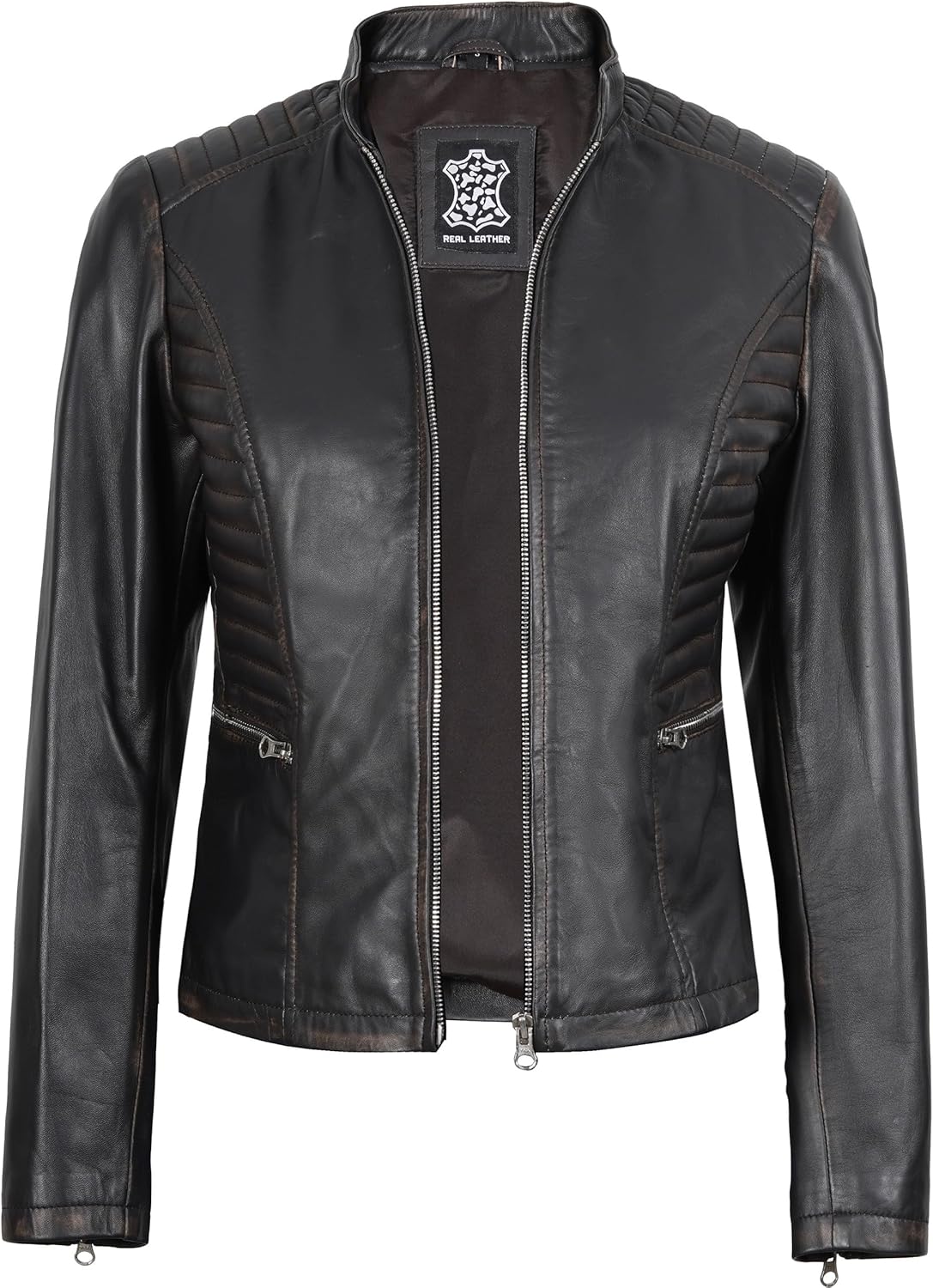 fjackets Leather Jacket Women - Cafe Racer Style Real Lambskin Womens Leather Jackets Stylish Stand Collar Leather Jackets - Image 2