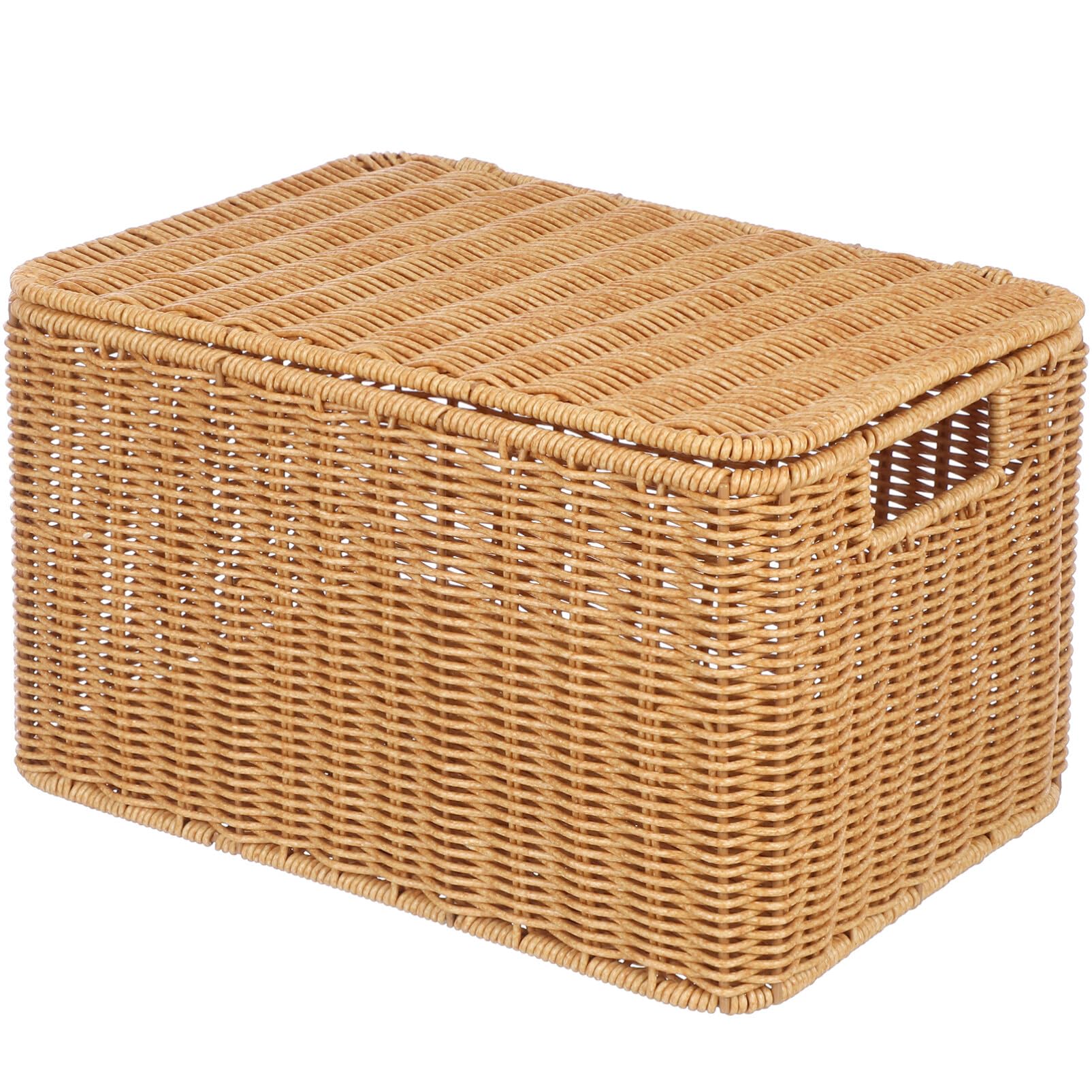 Luxshiny Caja de Almacenamiento Tejida Marrón con Tapa, Cubo de Pp E Hierro | Grande Capacidad, Diseño de Textura Trenzada, Fácil de Limpiar y Acabado Bien Hecho