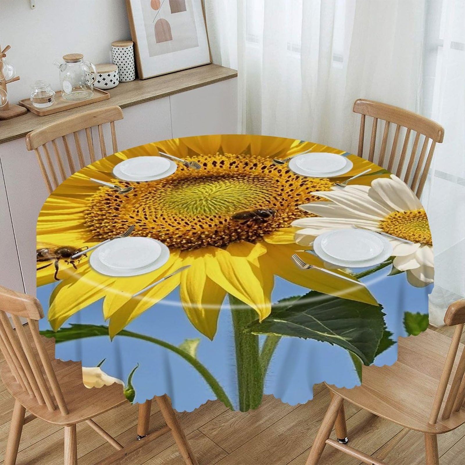 FekiLoot 60 Inch Round Bees Sunflowers Daisy Rose Flowers Tablecloth Waterproof Heavy Duty Polyester Table Cloth Spill-Proof Wipeable Table Cover Decorative Circle Dining Tablecover for Party Outdoor
