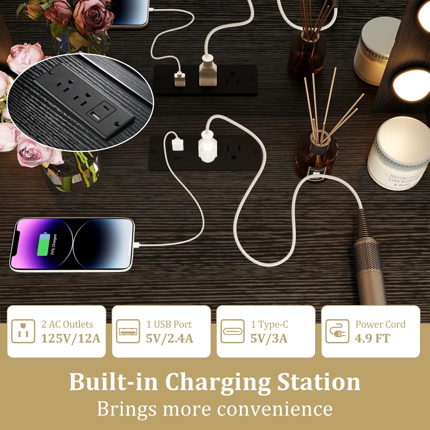 A smartphone charging on the vanity's built-in charging station, illustrating its functionality.