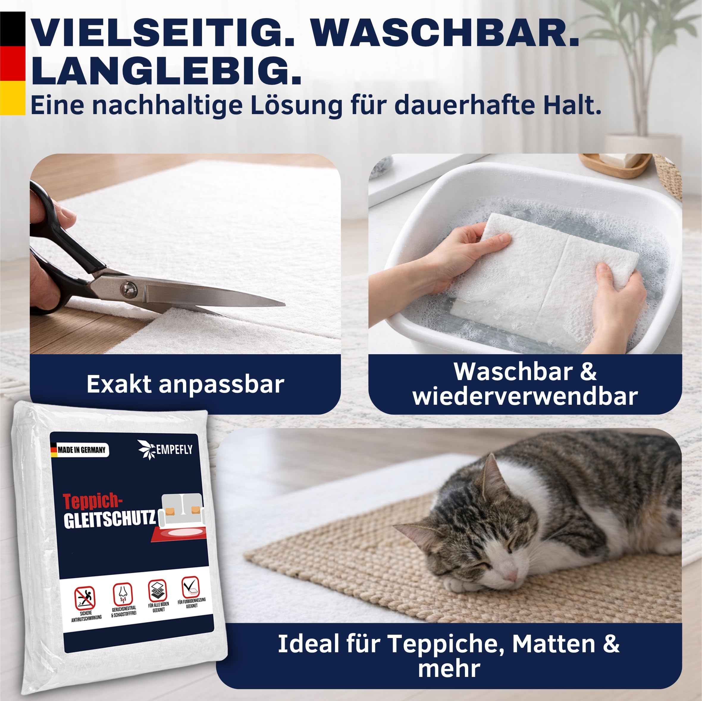 Teppich Antirutschunterlage 80 x 150 cm – Made in Germany – Zuschneidbare Antirutschmatte ohne Weichmacher – rutschfeste Teppichunterlage für alle Böden – Geruchsneutraler Teppichstopper