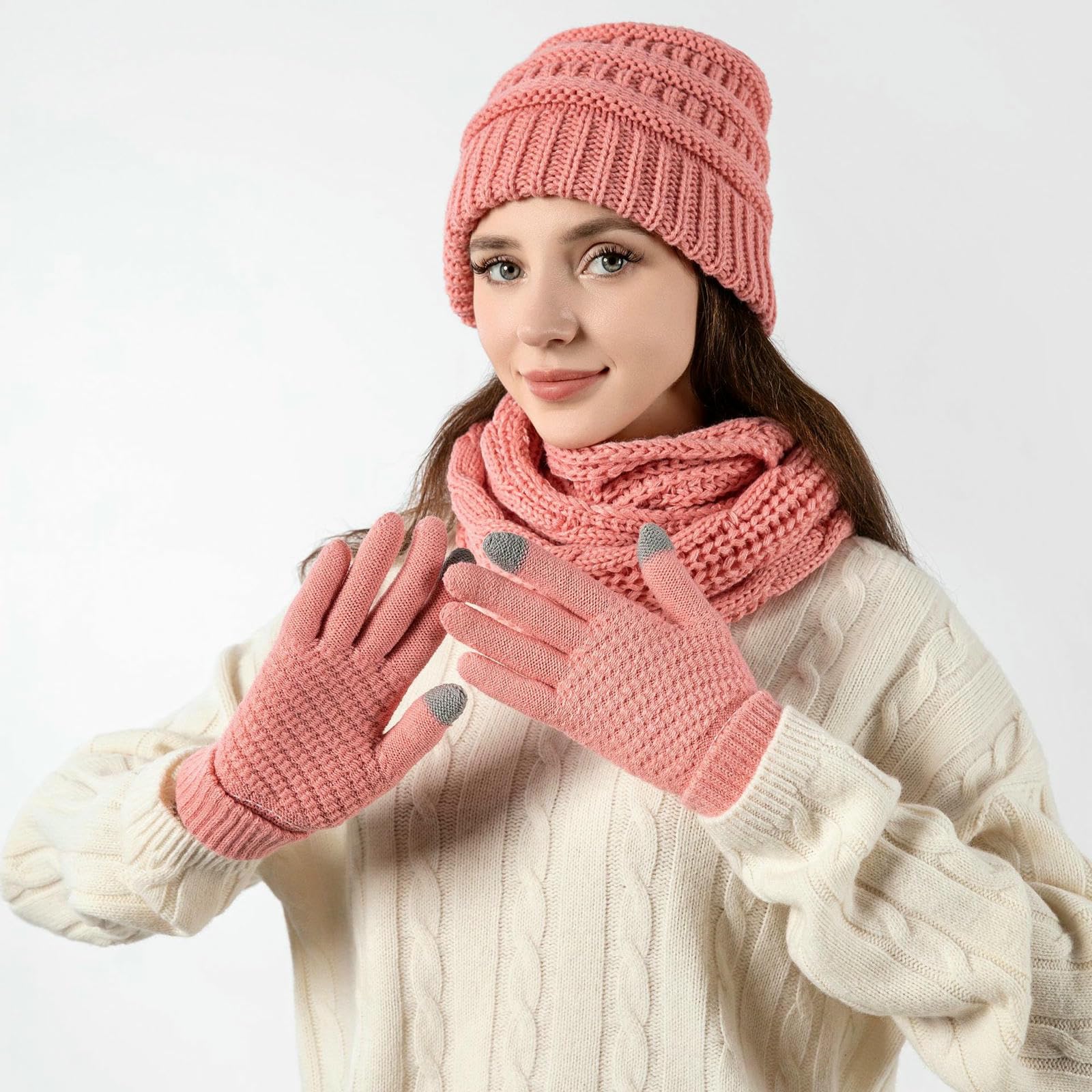 Mütze Schal und Handschuhe Winterplüschiges Verdicktes, Wind- Kältebeständiges Dreiteiliges Set Aus Gestrickter Wollmütze, Handschuhen-dunkelgrau