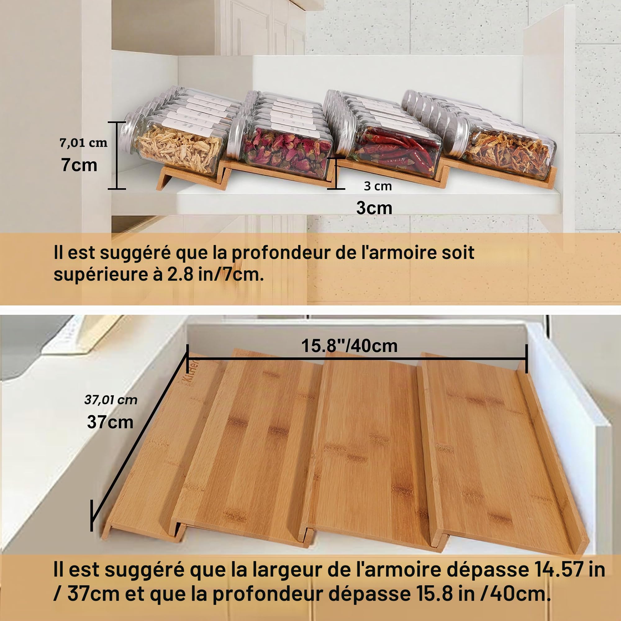 Organiseur de tiroir à épices en bambou à 4 niveaux pour placard, tiroir, comptoir, rangement d'assaisonnement de cuisine, 37 cm de large x 40,1 cm de profondeur (peut contenir jusqu'à 32 pots