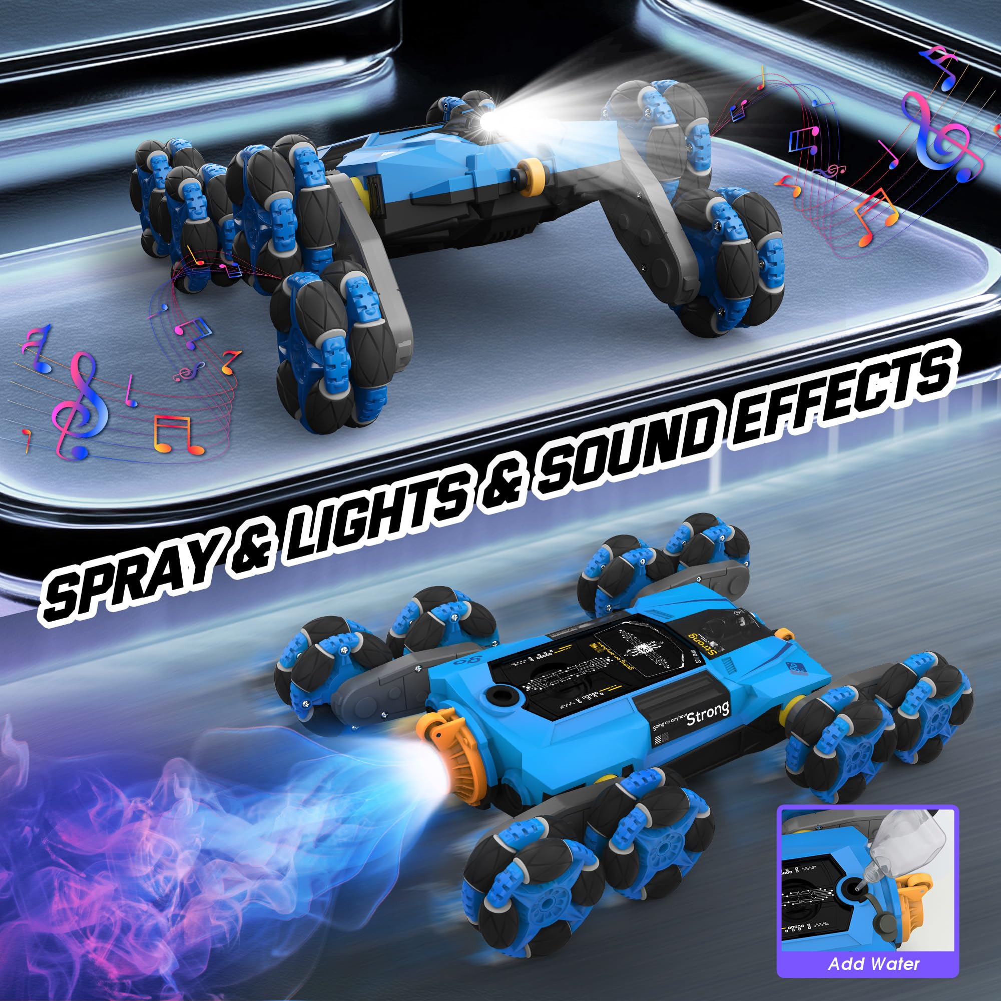 Cossy 8WD Gesture Sensing RC Stunt Car, 2 Modes, Drift Car with Light & Music, 360° Rotation, Climbing Stunt Car, Ages 8-13, Cool Spray & Lights