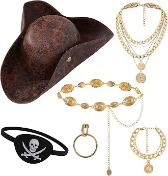 Womens Pirate Costume Accessories Set with Leather Hat Waist Chain