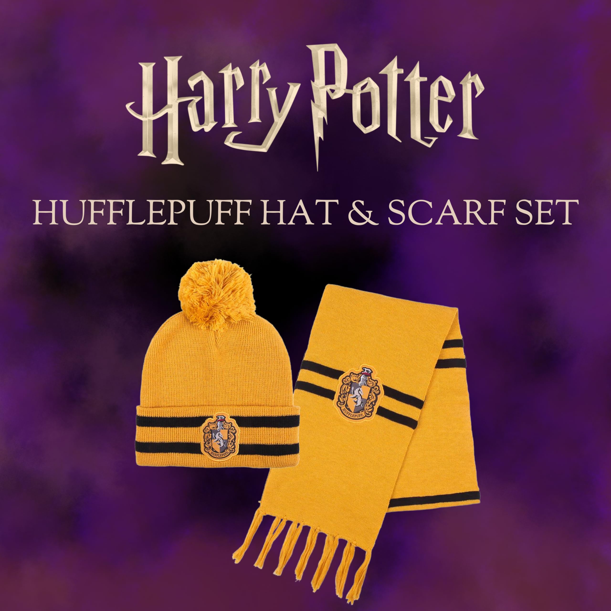 Harry Potter Gorro y Bufanda, Conjunto de Invierno para Niños y Adolescentes, Gorro y Bufanda Hogwarts Hufflepuff, Accesorios de Invierno | Amarillo