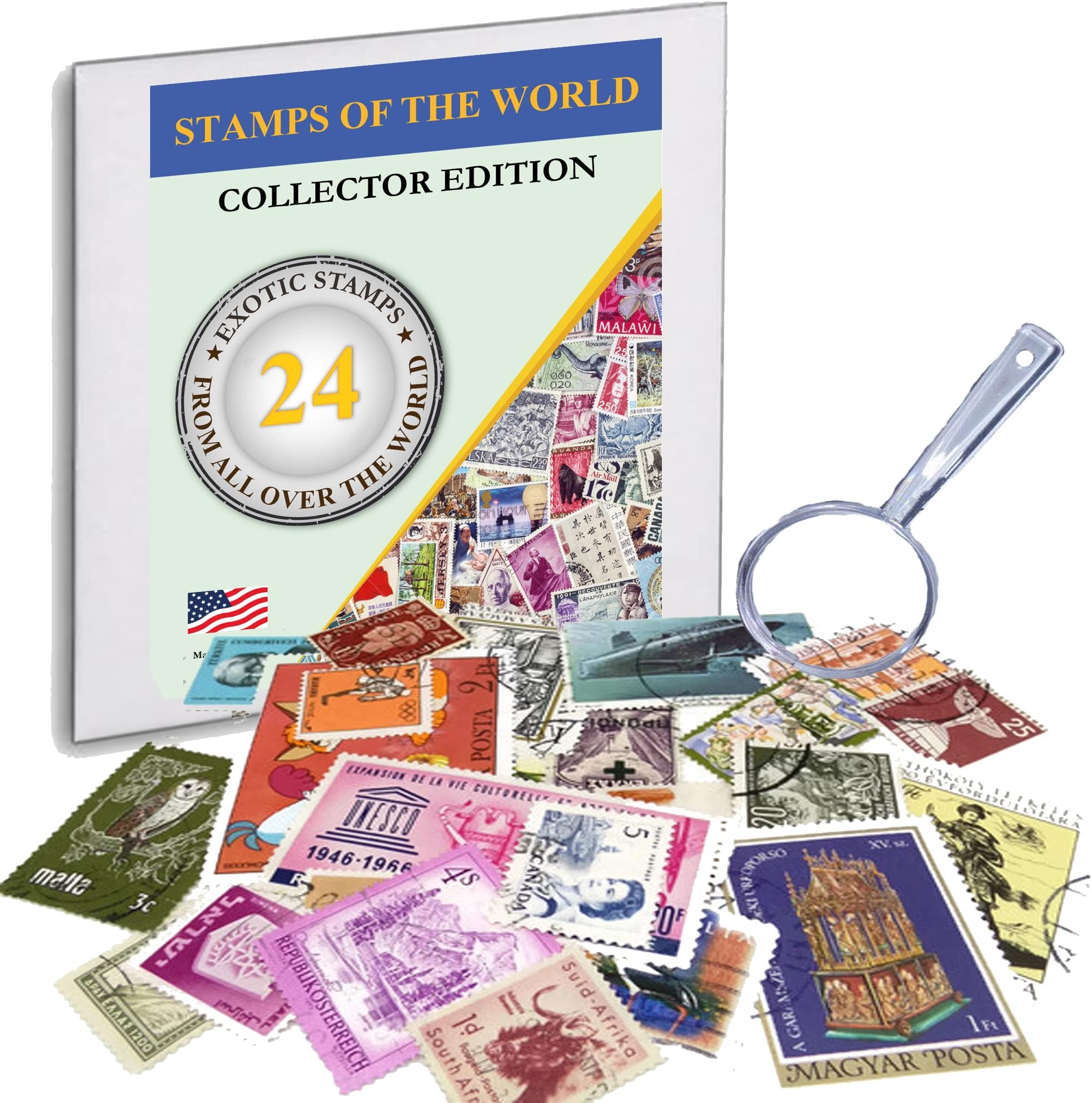 World Stamp Collectors Kit 24 Stamps from All Over The World + Magnifying Lens Bundle for Stamps Collector Edition