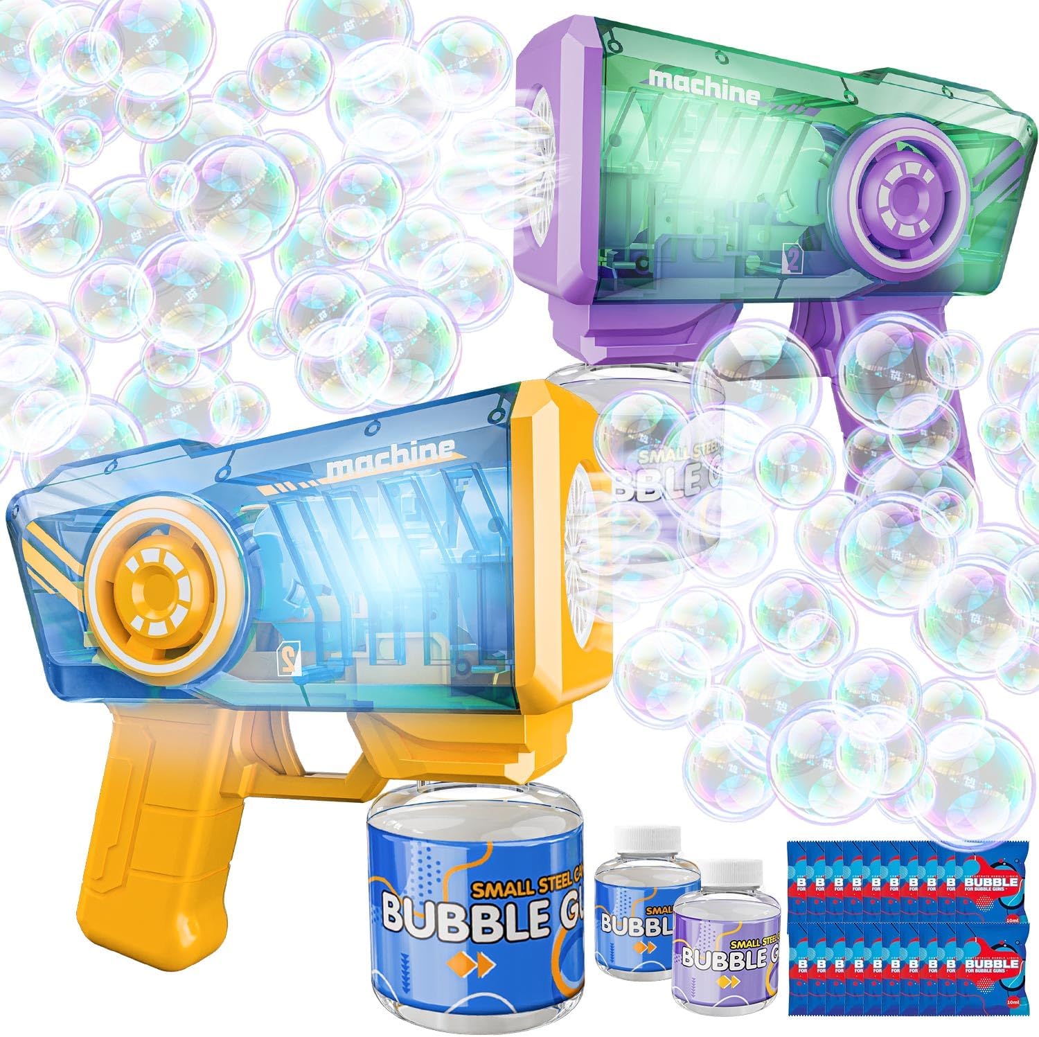 Bubble Gun 2 Packs for Kids, Automatic Bubble Machine with 2 Bottles &25 Bags Refill Solution, LED Light Bubble Maker Gifts for Kids, Outdoor Game Toys for Boys&Girls Ages 3+