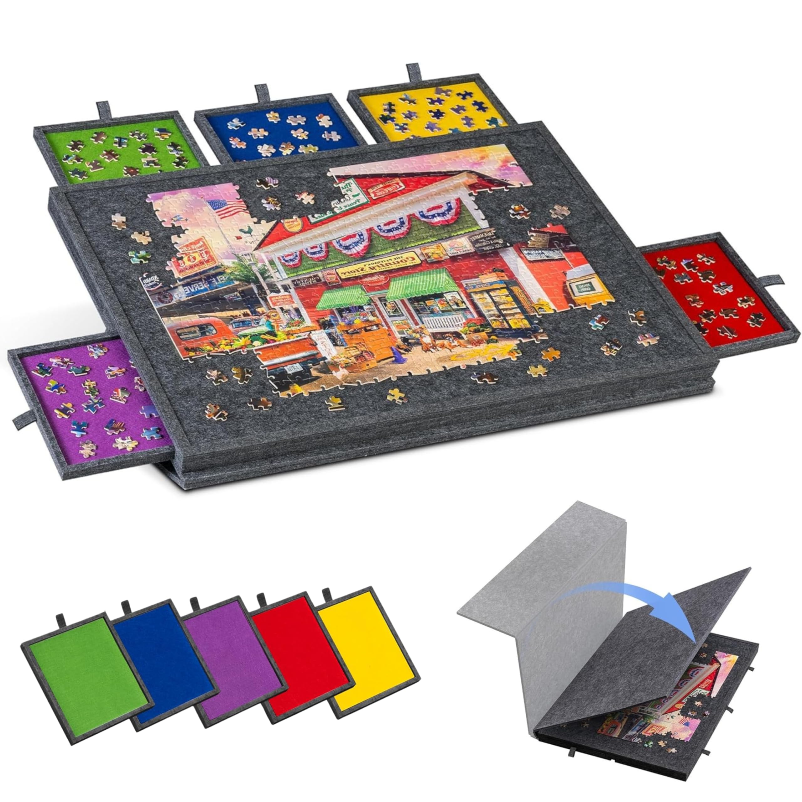 Malau Plateau Puzzle 1000 Pièces avec Tiroirs et Housse – Table à Puzzle Inclinable 77 x 53 cm Gris