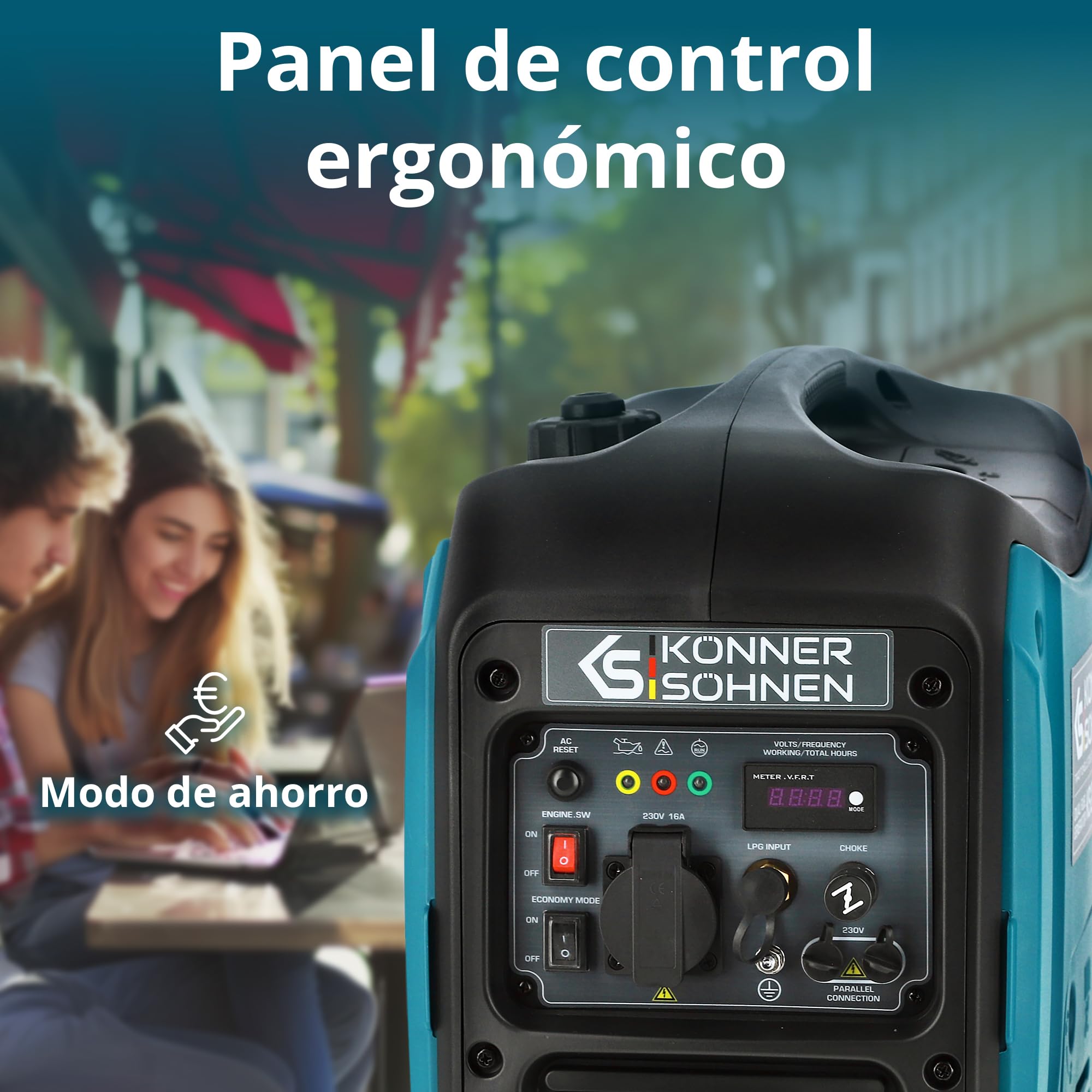 Generador inverter híbrido gas/gasolina Könner & Söhnen KS 2000iG S, 2000 W, carcasa insonorizada (62 dB), Schuko 230V, LED, modo eco, cobre, protección, EURO 5