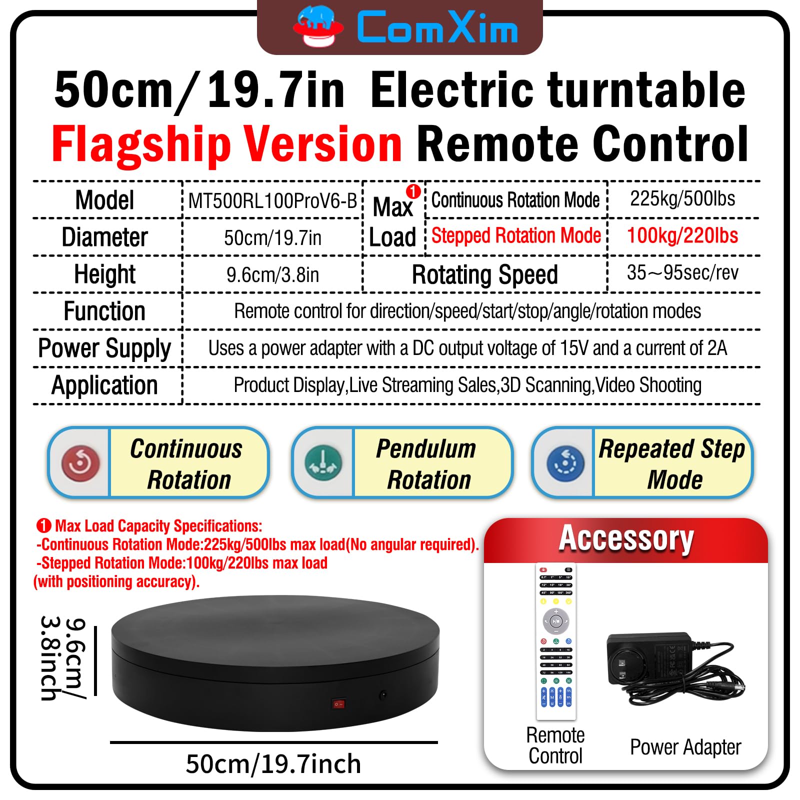 Tocadiscos eléctrico motorizado grande de 19.7 pulgadas, plataforma giratoria para fotografía, base giratoria motorizada para fotografía, escáner 3D, pantalla resistente (rango de carga: 220 ~ 500