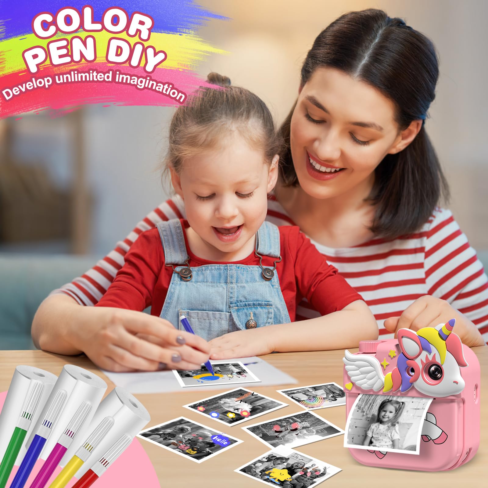 Macchina Fotografica Bambini Istantanea,Hangrui 12MP/1080P HD Fotocamera Bambini con Carta da Stampa e 32G,Fotocamera Digitale Stampa Istantanea, Regalo per Ragazze Ragazzi dai 3-12 Anni-Rosa Chiaro