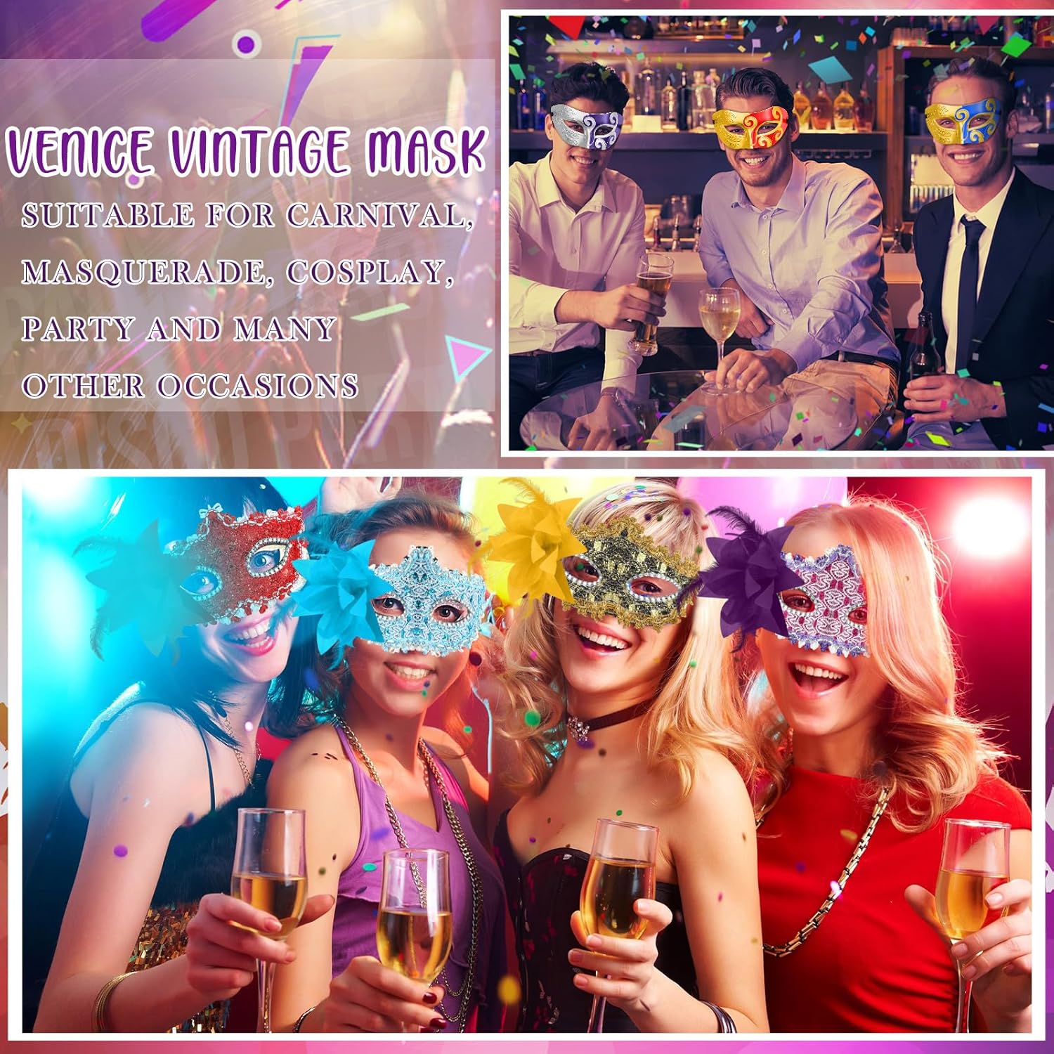 48 Pcs Couple Masquerade Mask Bulk Plastic Flower Half Face Mask with Feather for Women Unisex Retro Venetian Mardi Gras Lace Valentines Carnival Costume Birthday Cosplay Party