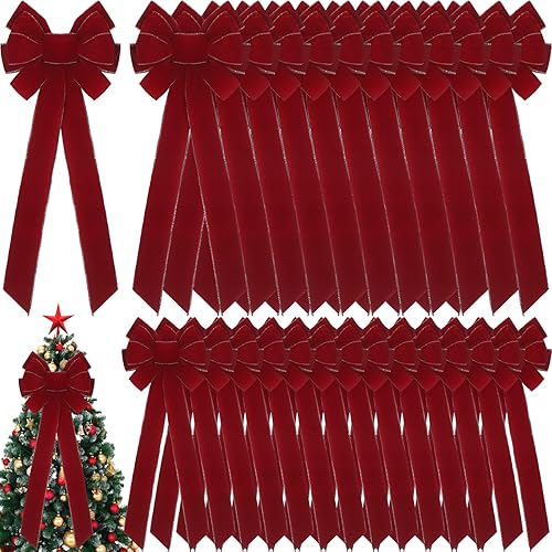 Yinkin 36 lazos para decoración de árbol de Navidad extra grandes de 10 x 26 pulgadas, cinta de terciopelo rojo a granel con alambre dorado, lazos