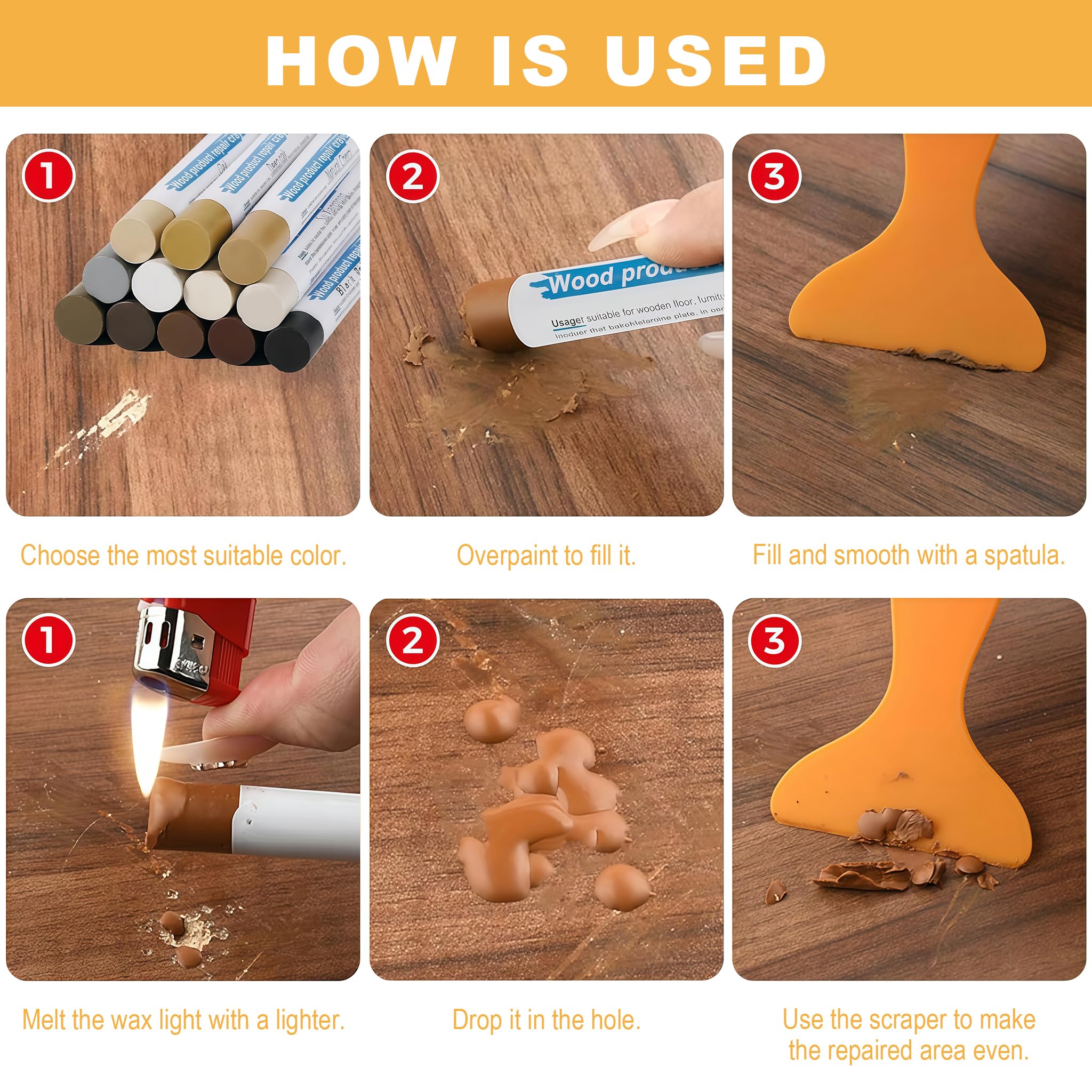 Kit di Riparazione Laminate 13 Pezzi, Kit di Riparazione parquet e Vinile con Stucco per Legno e Penna in Cera Dura Calda per Riparare i Danni ai Pavimenti in Legno