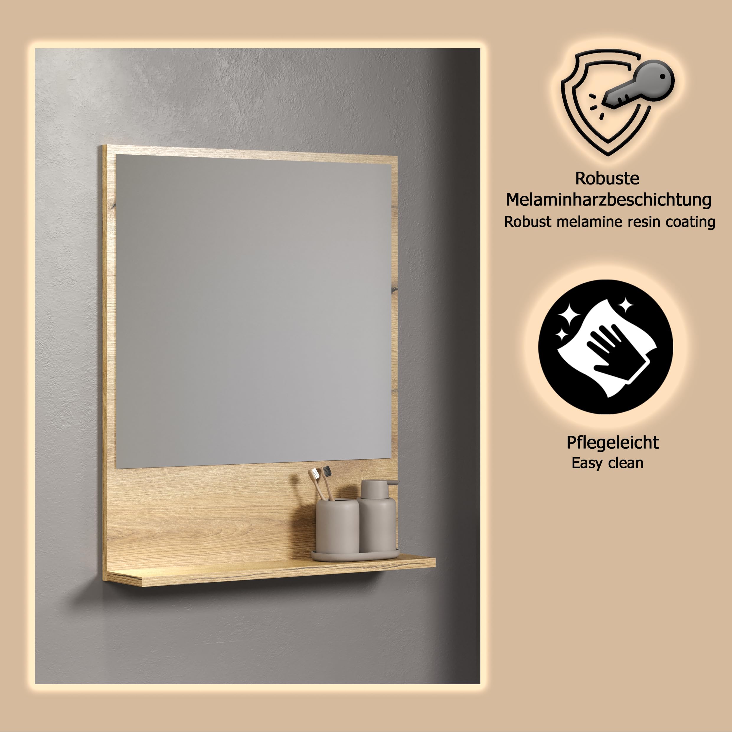 trendteam smart living - PureBliss - Wandspiegel - Evoke Eiche - (BxHxT) 60 x 74 x 14 cm - Badezimmerspiegel mit 60cm Ablagefläche - kratzfest
