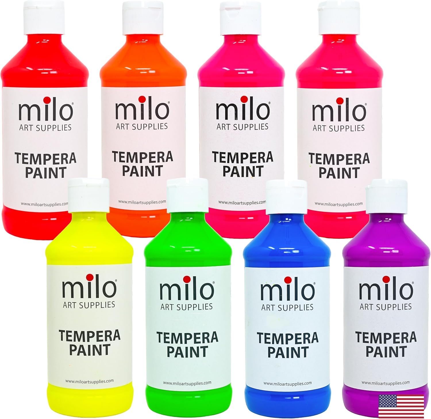 milo Fluorescent Neon Washable Paint | 8 oz Bottles 8 Colors | Made in the USA | Glows UV in Black Light | Safe & Non-Toxic Tempera Paint for Art & Craft, Poster, Window, Classroom, School