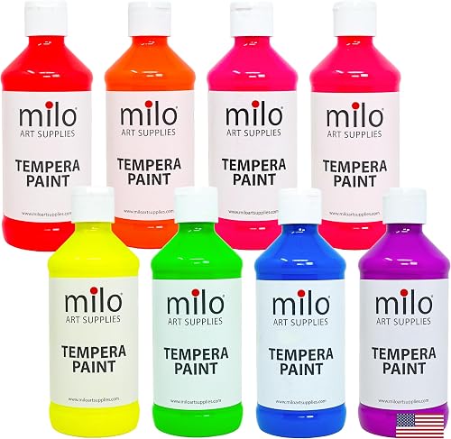 milo Fluorescent Washable Tempera Paint Set, 8 Neon UV Colors, 8 oz Bottles