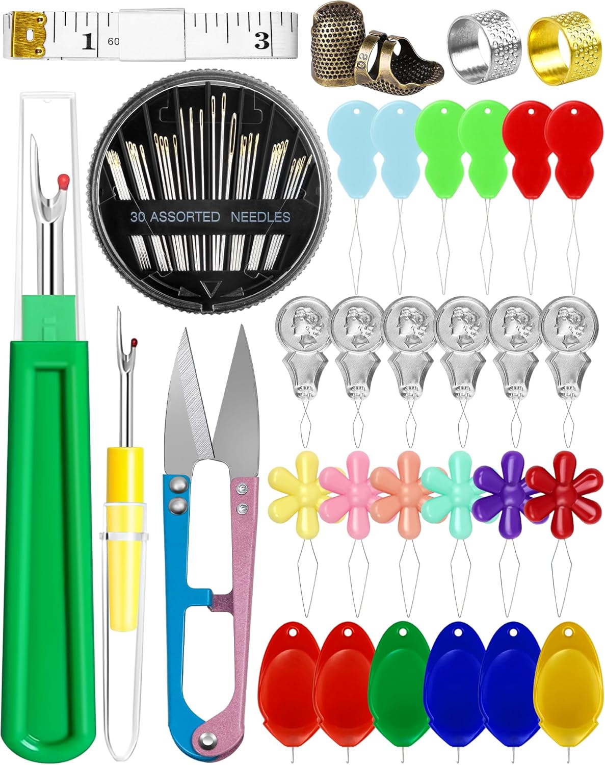 Product image of FIVEIZERO Needle Threaders Kit, 24 PCS Needle Threader for Hand Sewing, Needles Threader for Swing & Embroidery Floss with Embroidery Needles, Seam Ripper, Thread Snips, Thimble and Measuring Tape
