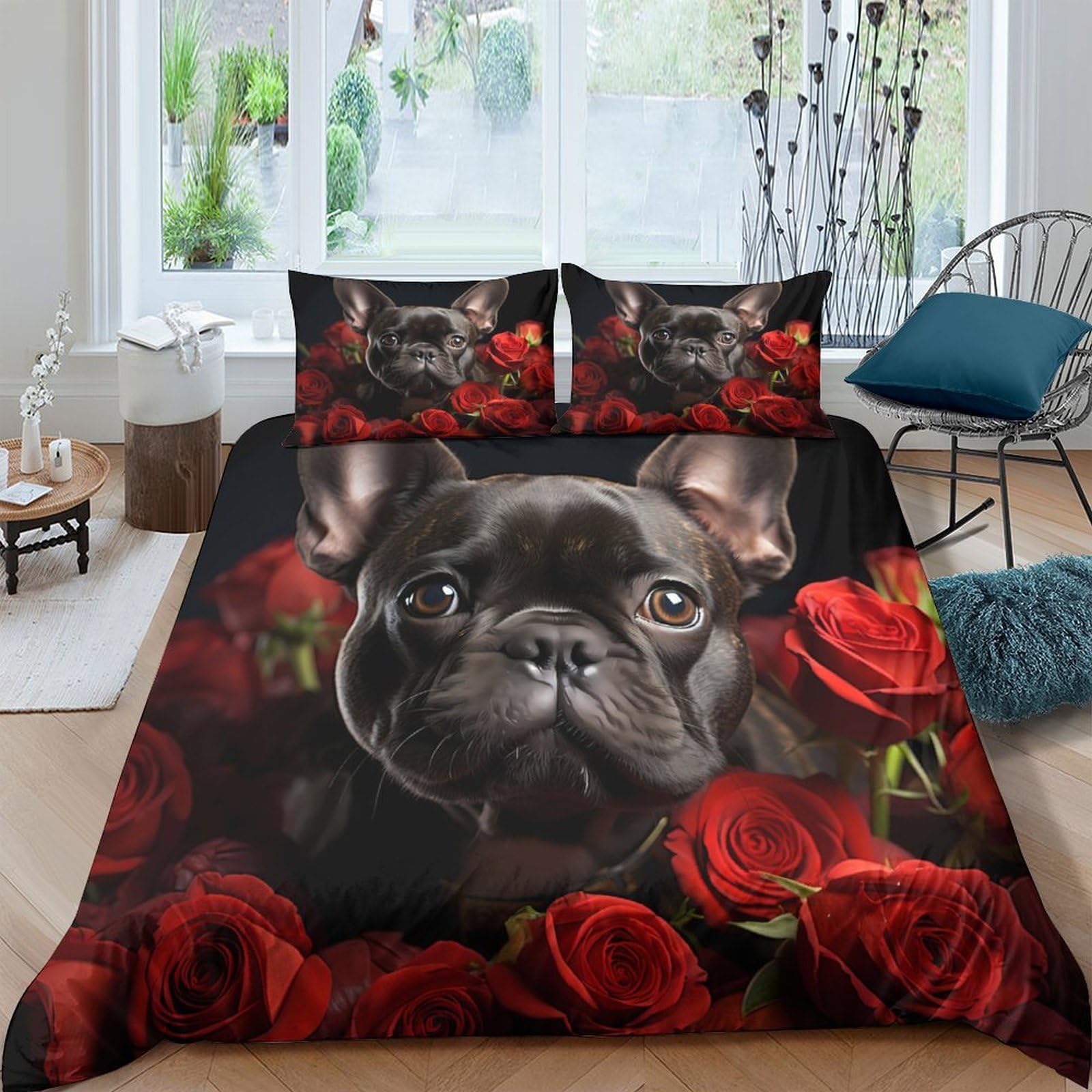 TUFRTGYHN 3D Printed French Bulldog Roses Duvet Cover Microfiber Soft Breathable Bedding Set with 2 Pillowcases for Bedroom Decor Single（135x200cm）