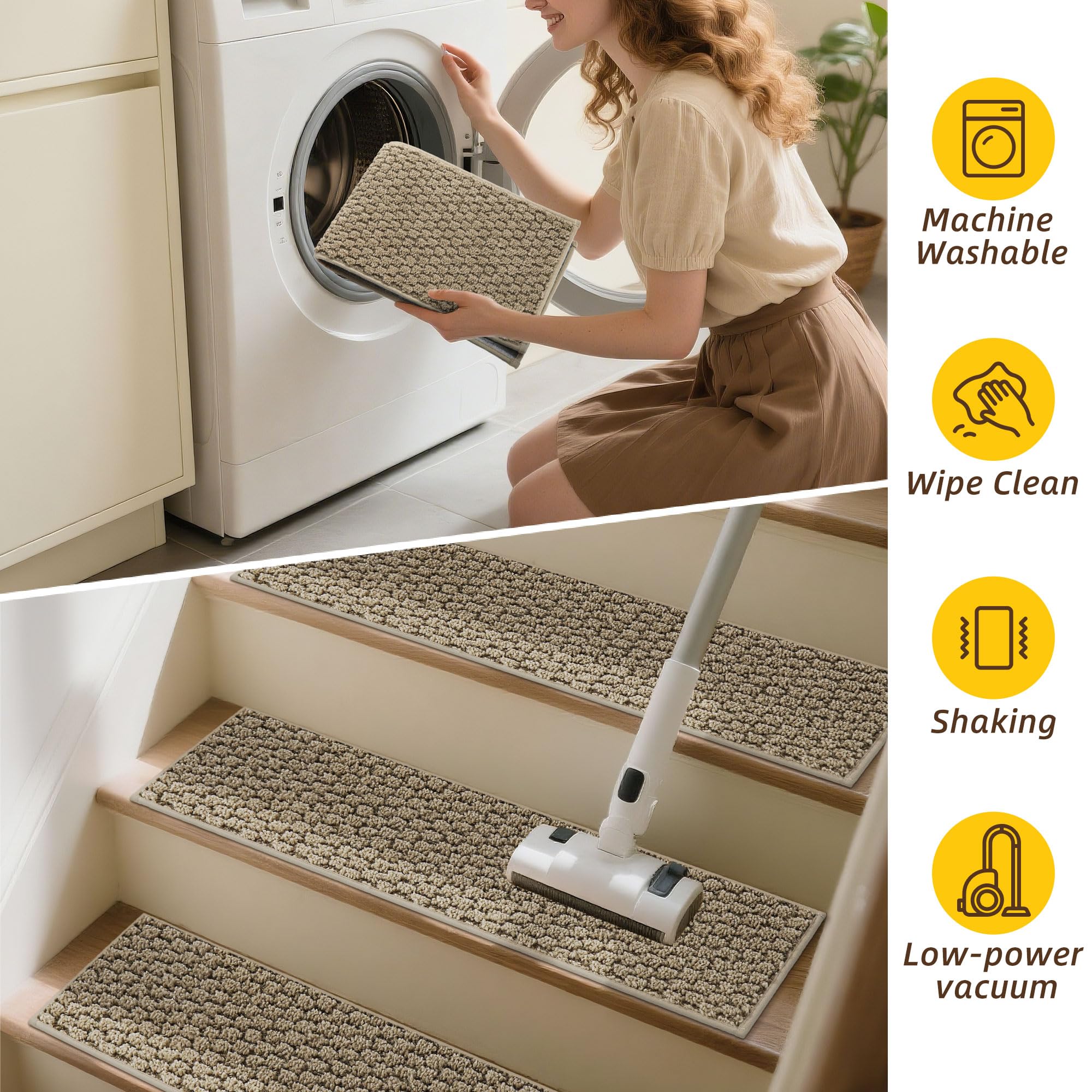 JSEI Stair Treads for Wooden Steps, 14 Pack 9" X 28" Non-Slip Machine Washable Carpet Stair Treads with TPE Backing, Soft Indoor Stair Rug Runner for Kids Elders & Pets, 100% Polyester, Beige — view 7